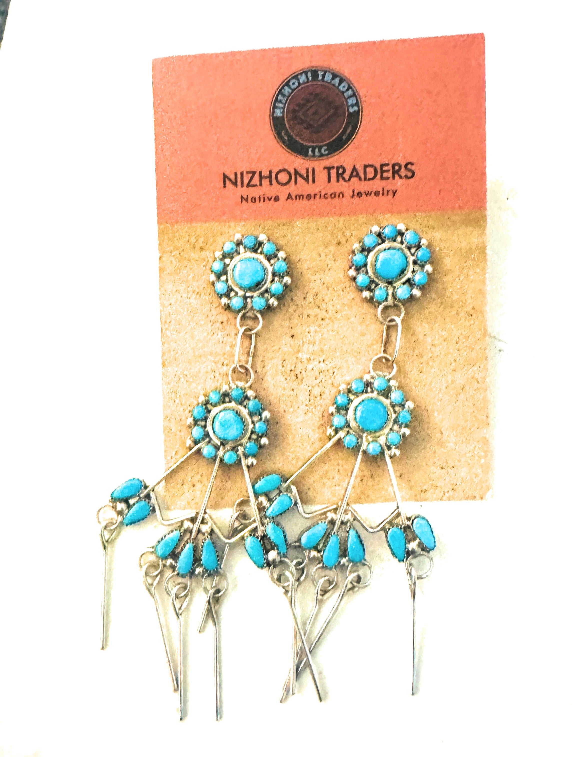 Handcrafted Sterling Silver & Turquoise Flower Chandelier Dangle Earrings