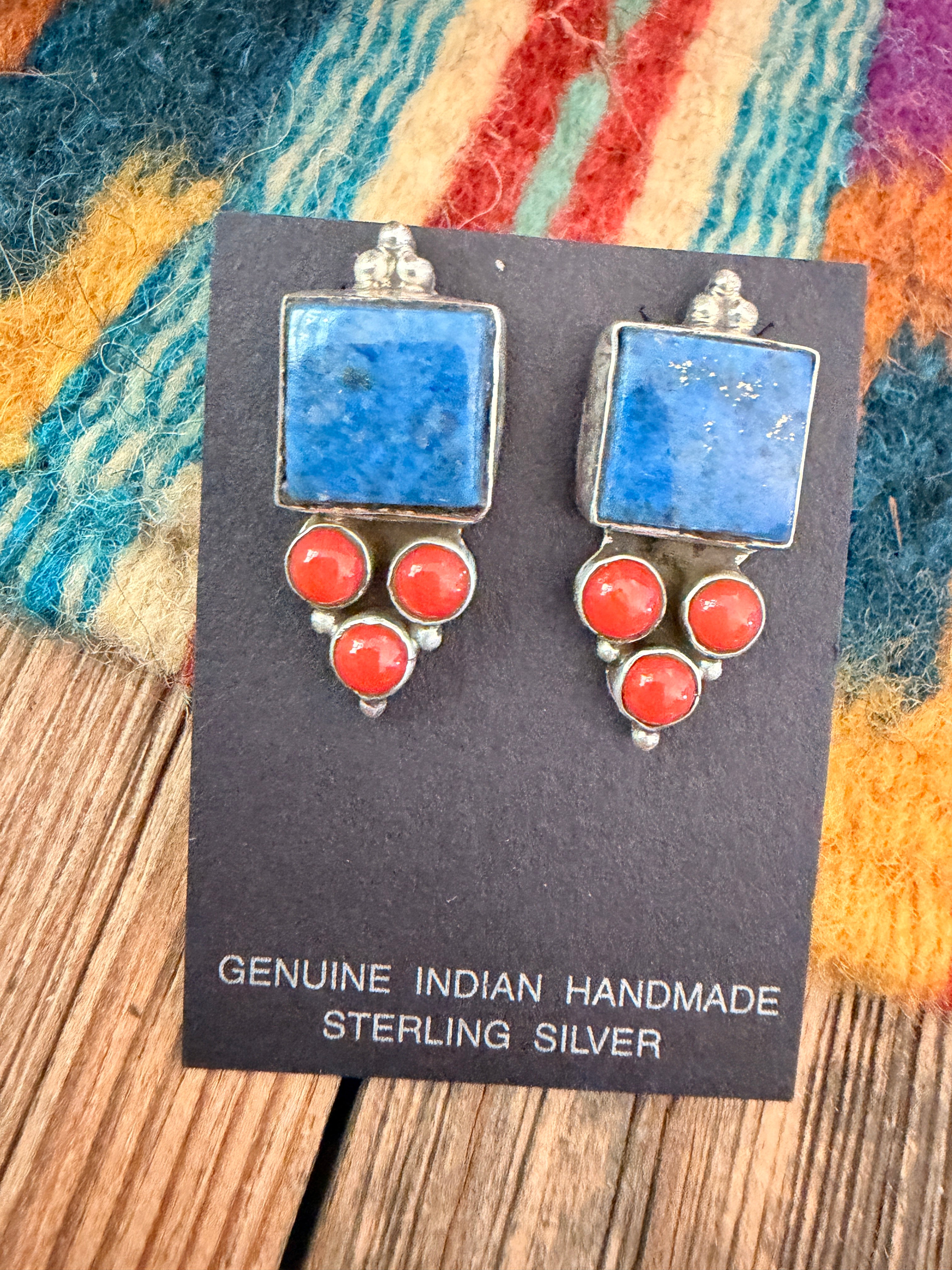 Handcrafted Lapis, Coral & Sterling Silver Dangle Earrings