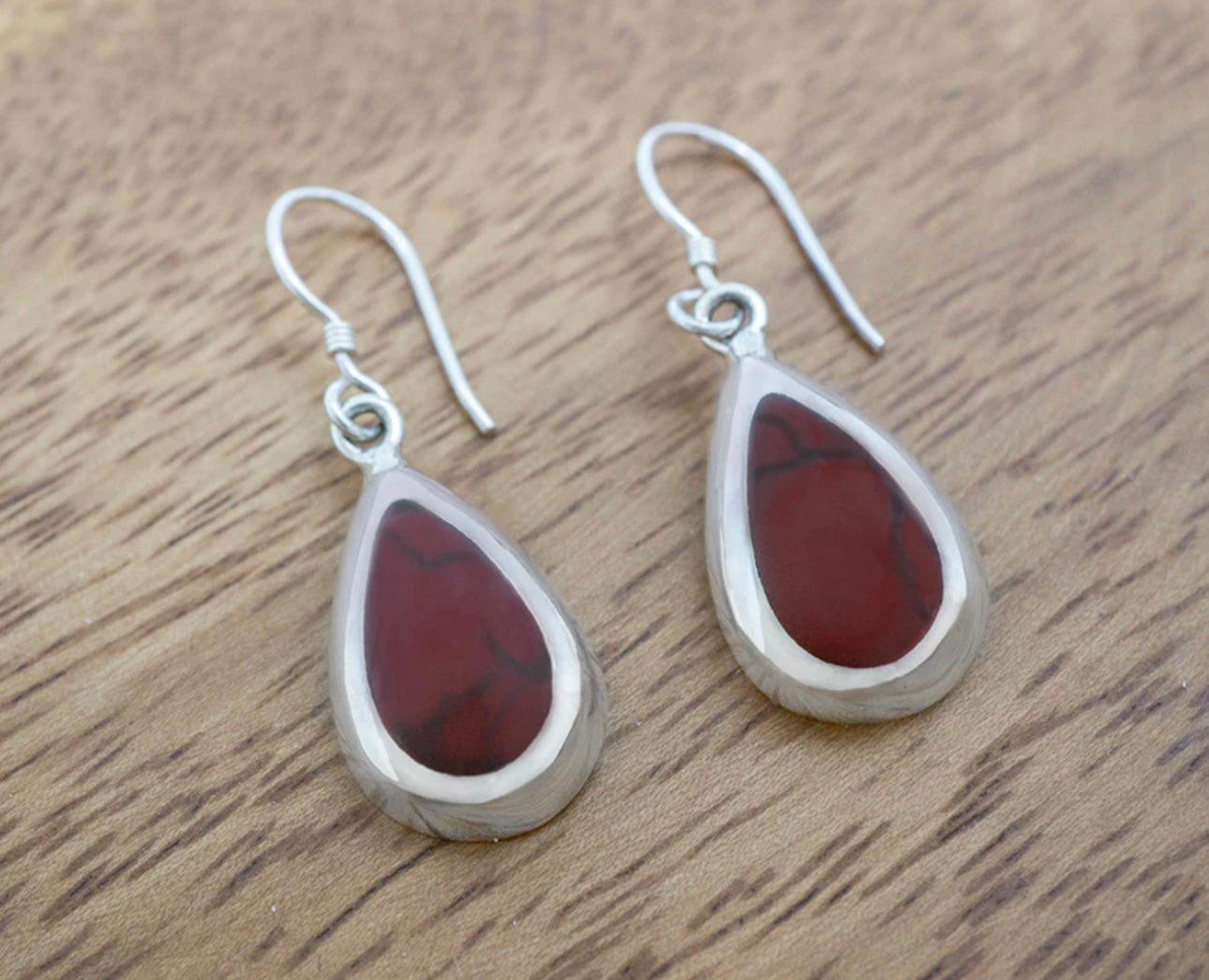 Red Jasper Inlay Teardrop Sterling Silver Earrings