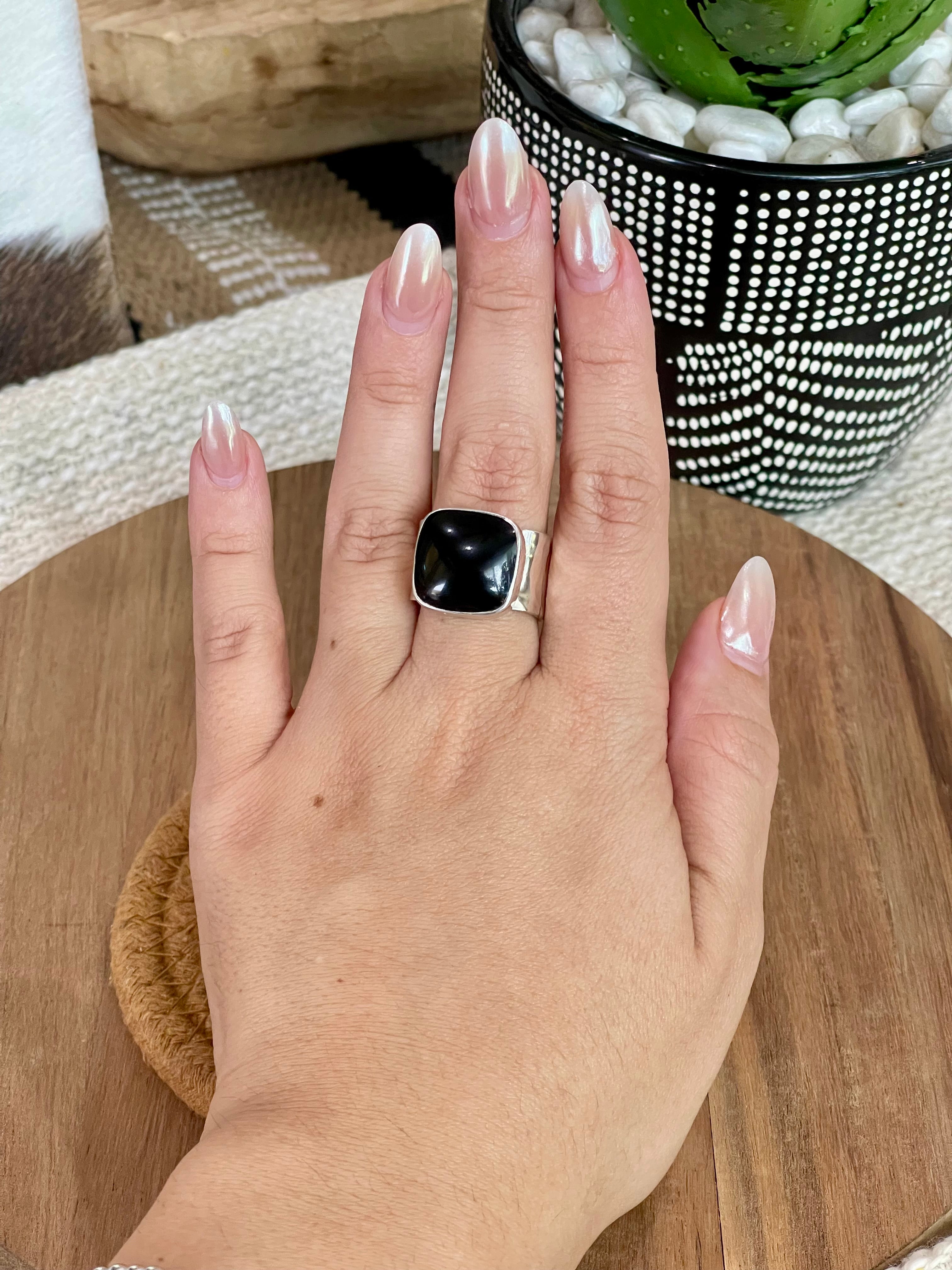 Handcrafted Sterling Silver & Onyx Size 7 Square Ring