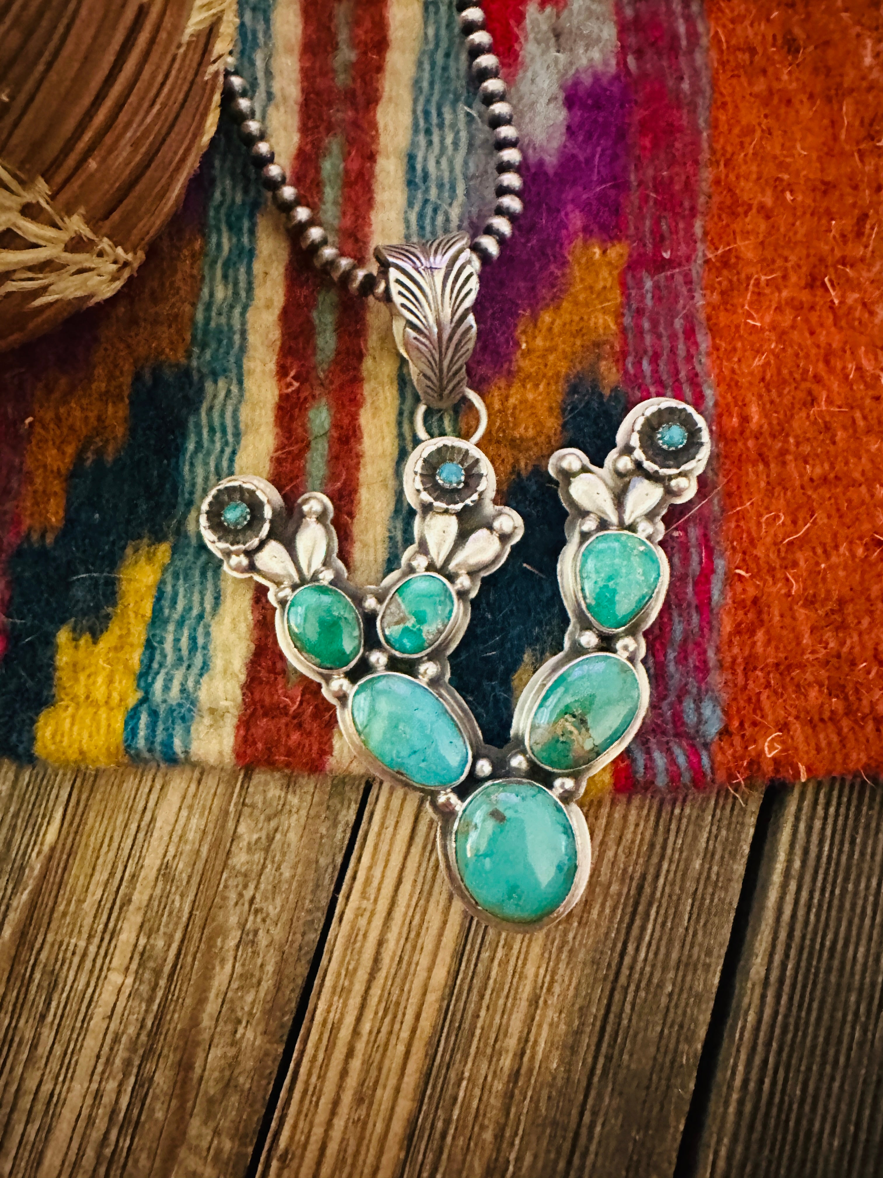 Handcrafted Sterling Silver & Turquoise Cactus Pendant by Charles Johnson