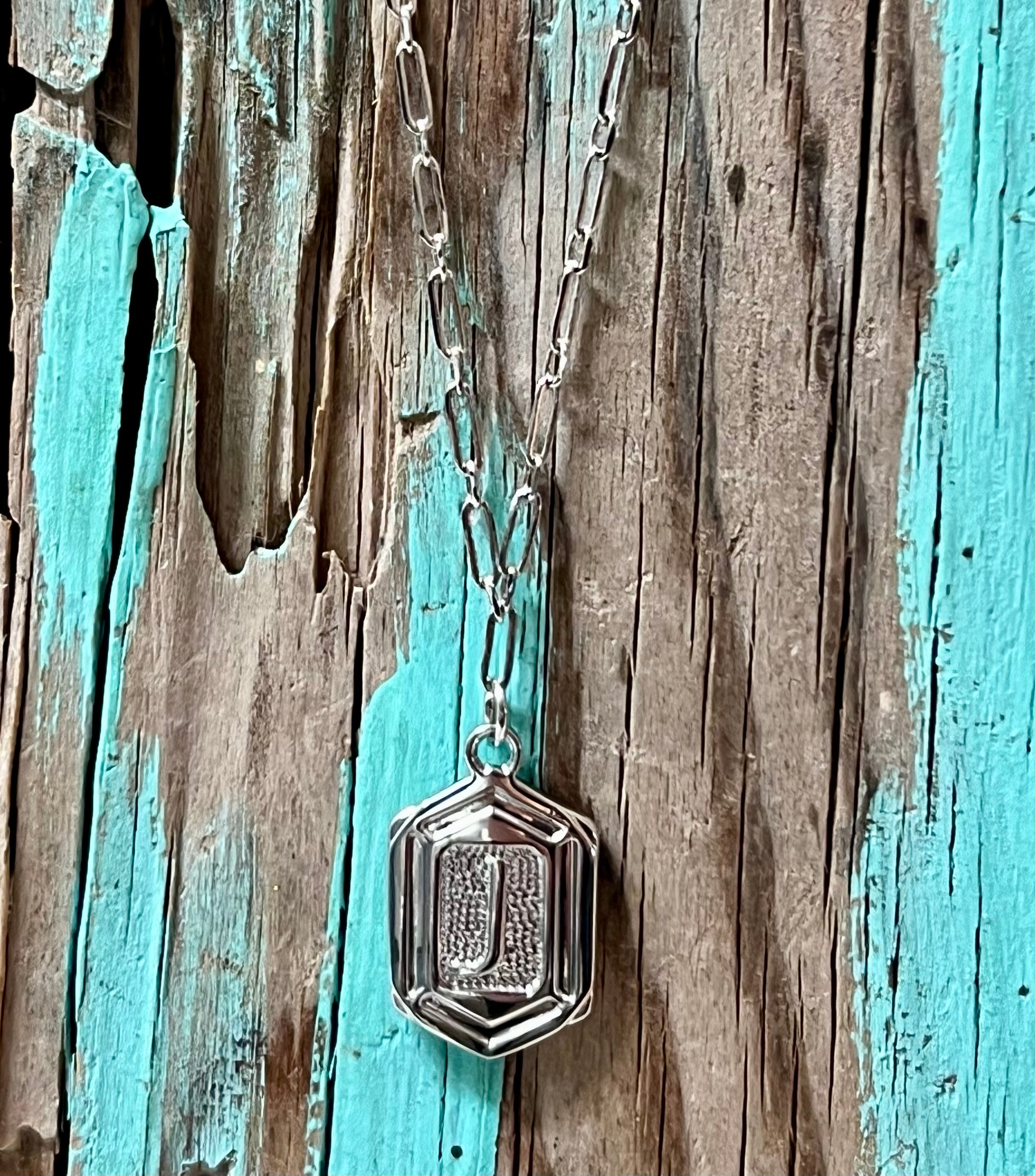 Hexagon Tag Initial “J” Pendant Necklace