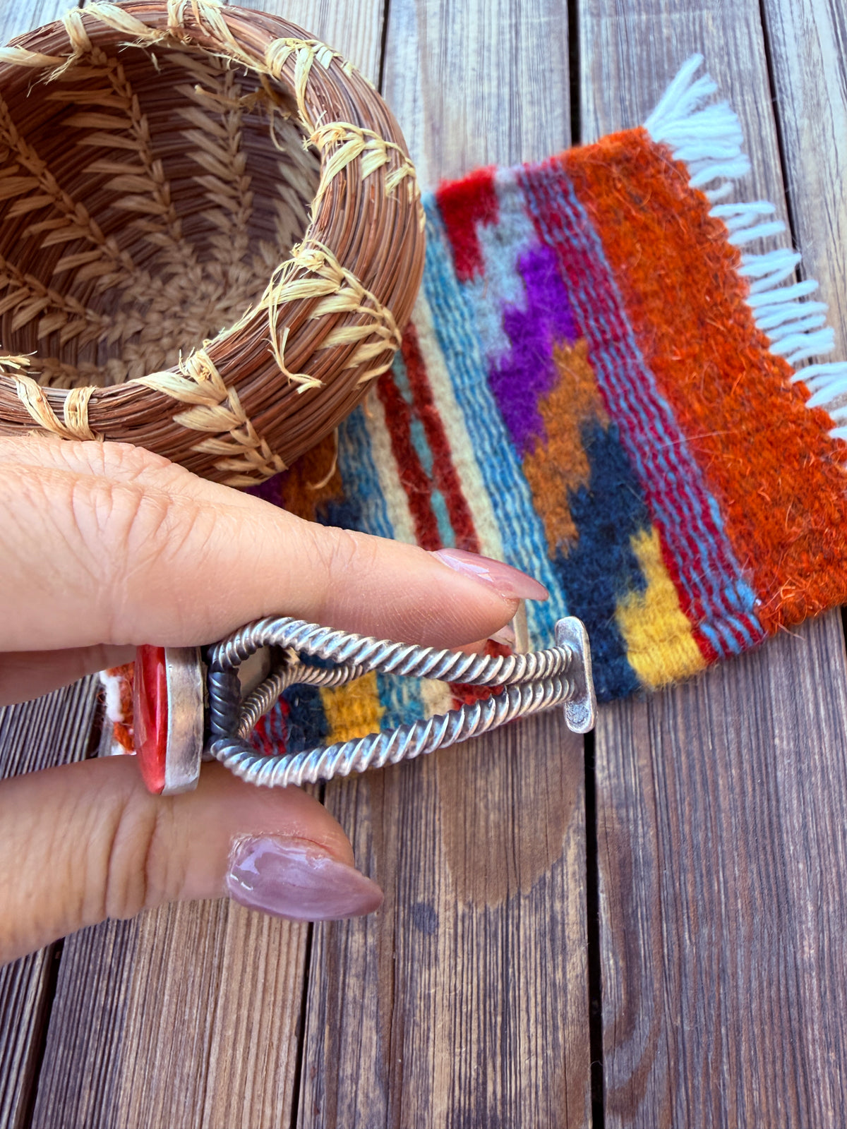 Handcrafted Spiny Oyster & Sterling Silver Cuff Bracelet by Patrick Yazzie