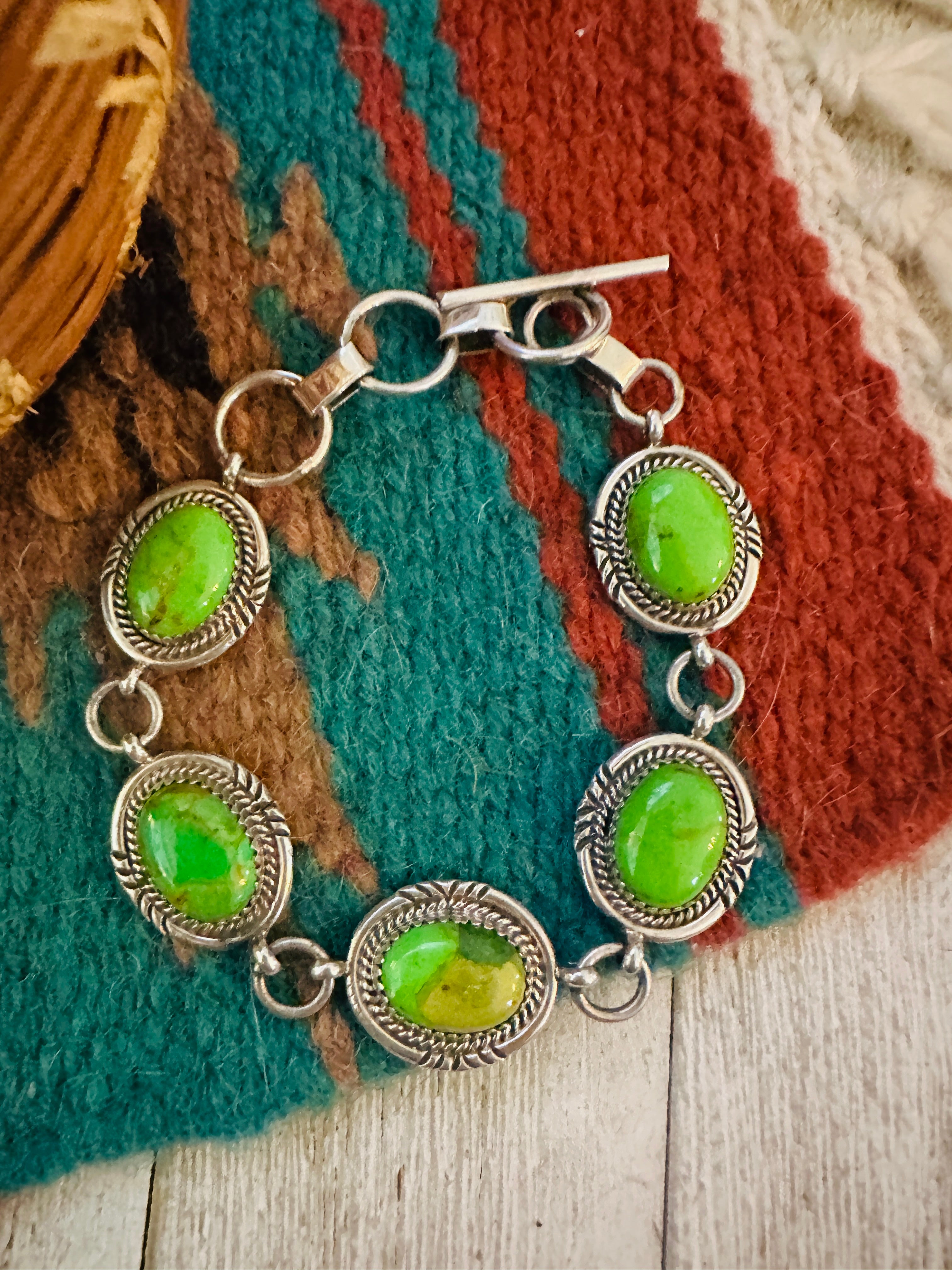 Handcrafted Green Kingman Turquoise & Sterling Silver Link Bracelet