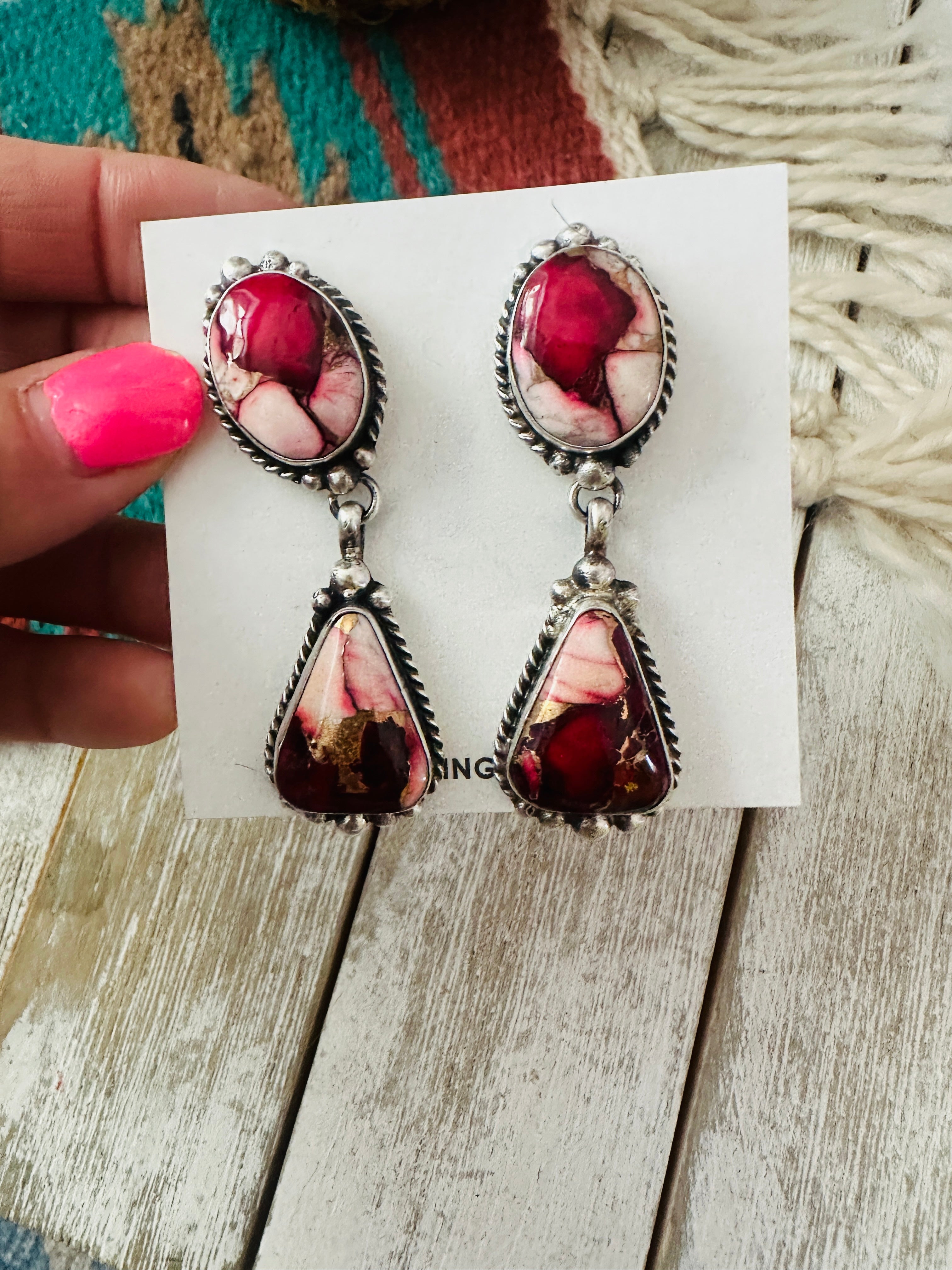 Navajo Rose Dahlia and Sterling Silver Dangle Earrings