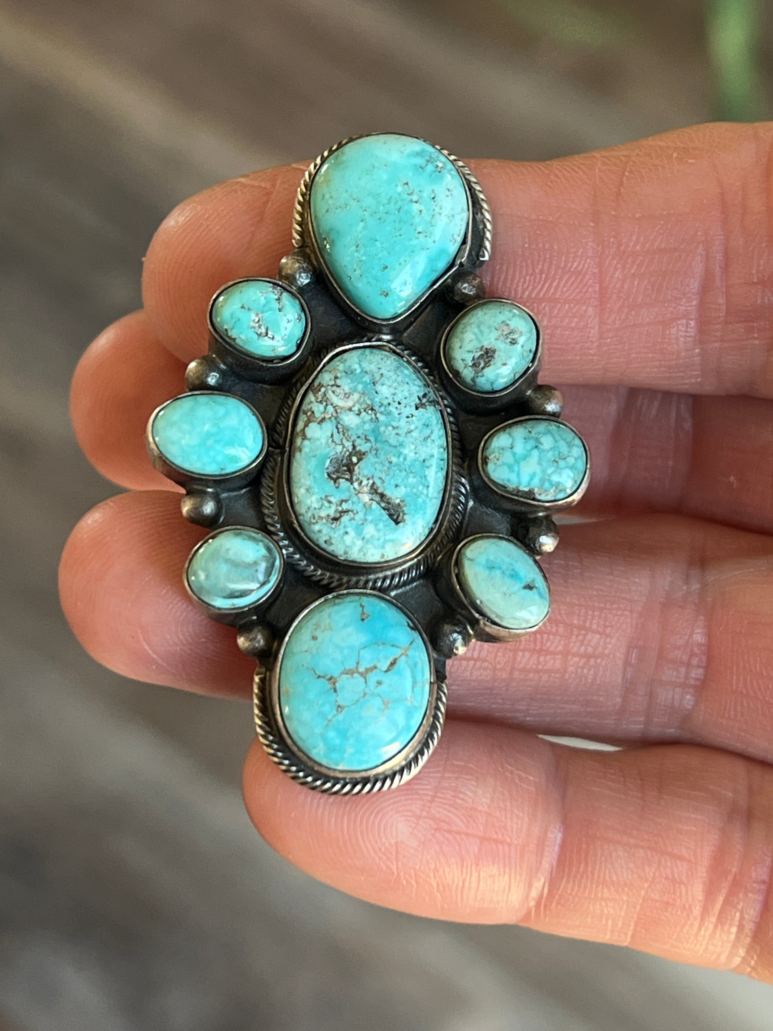 Handcrafted Sterling Silver and Natural Campitos Turquoise Cluster Ring by Sheila Becenti, Size 8.75