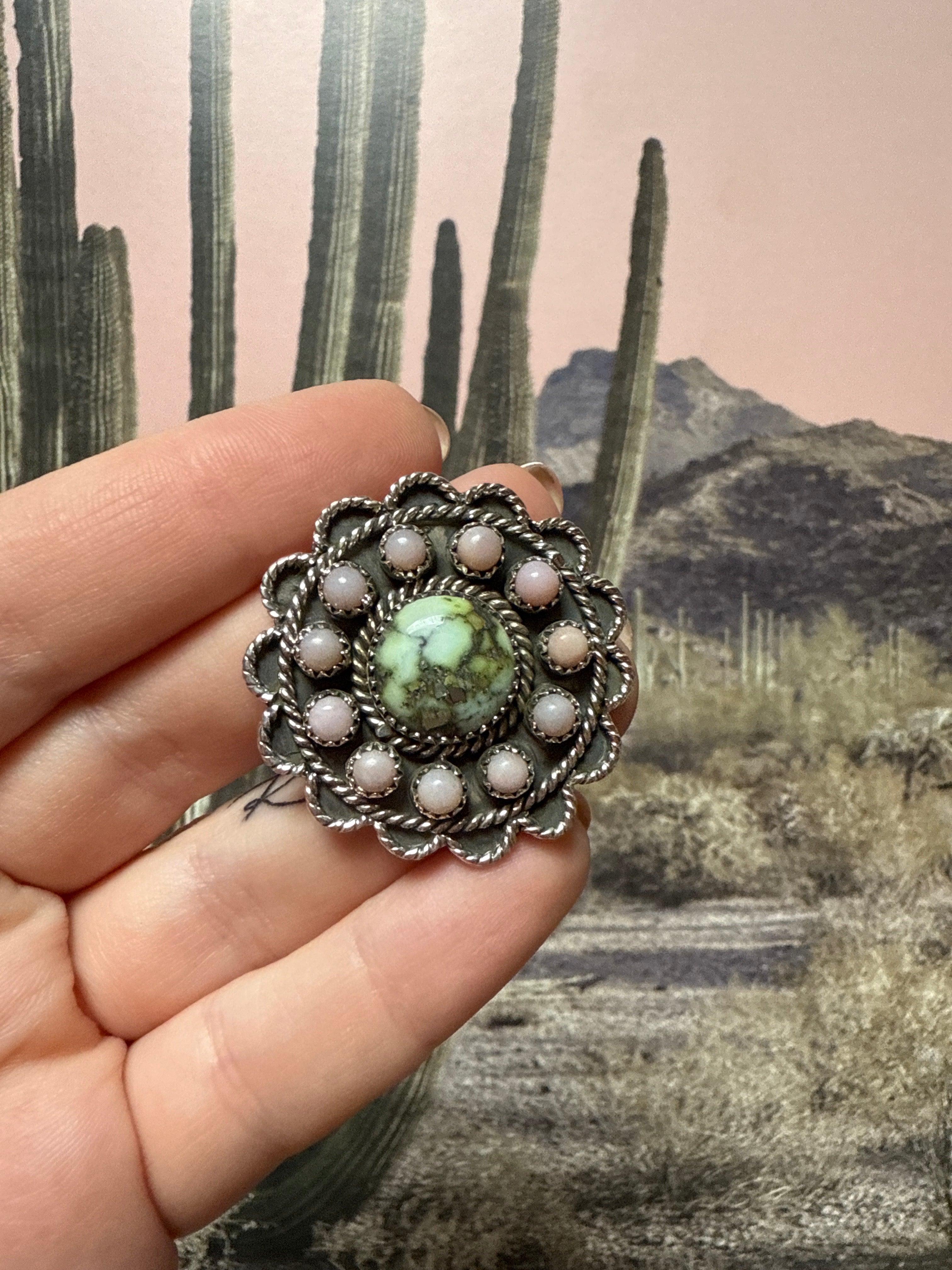 Handmade Pink Conch & Palomino Turquoise Sterling Adjustable Ring