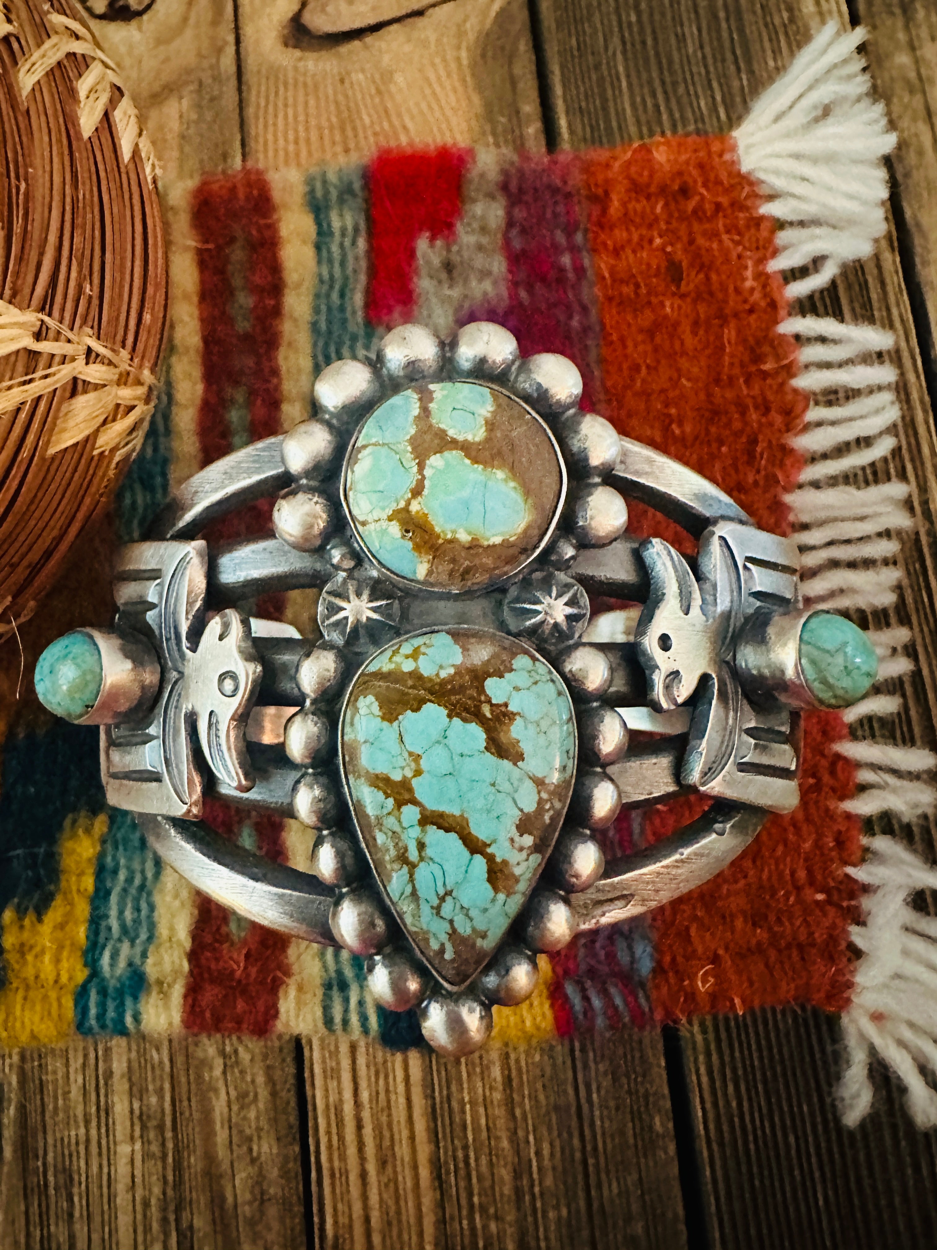 Handcrafted Sterling Silver & Number 8 Turquoise Thunderbird Cuff Bracelet by Chimney Butte