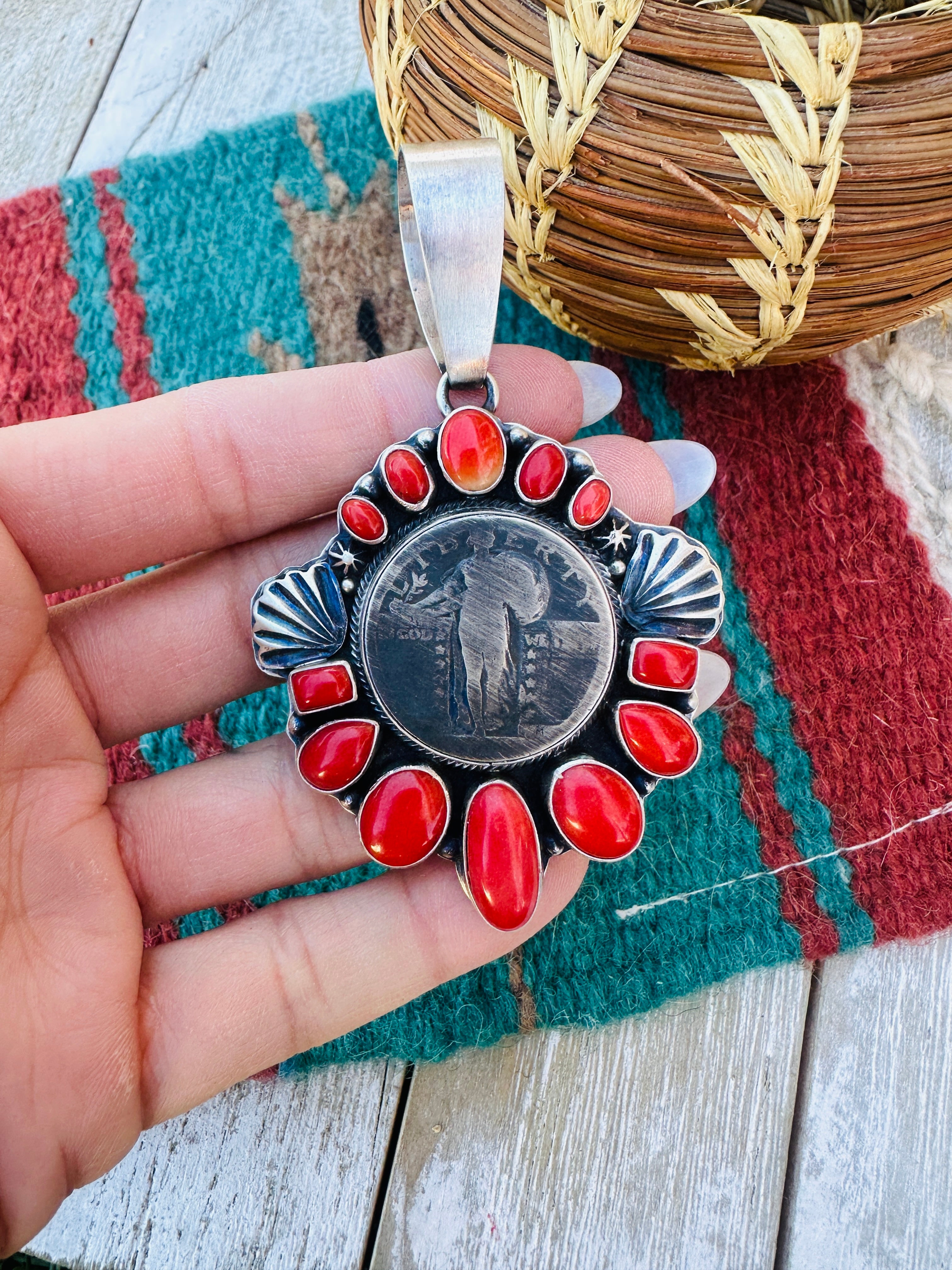Handcrafted Sterling Silver and Coral Liberty Coin Pendant by Randy Boyd