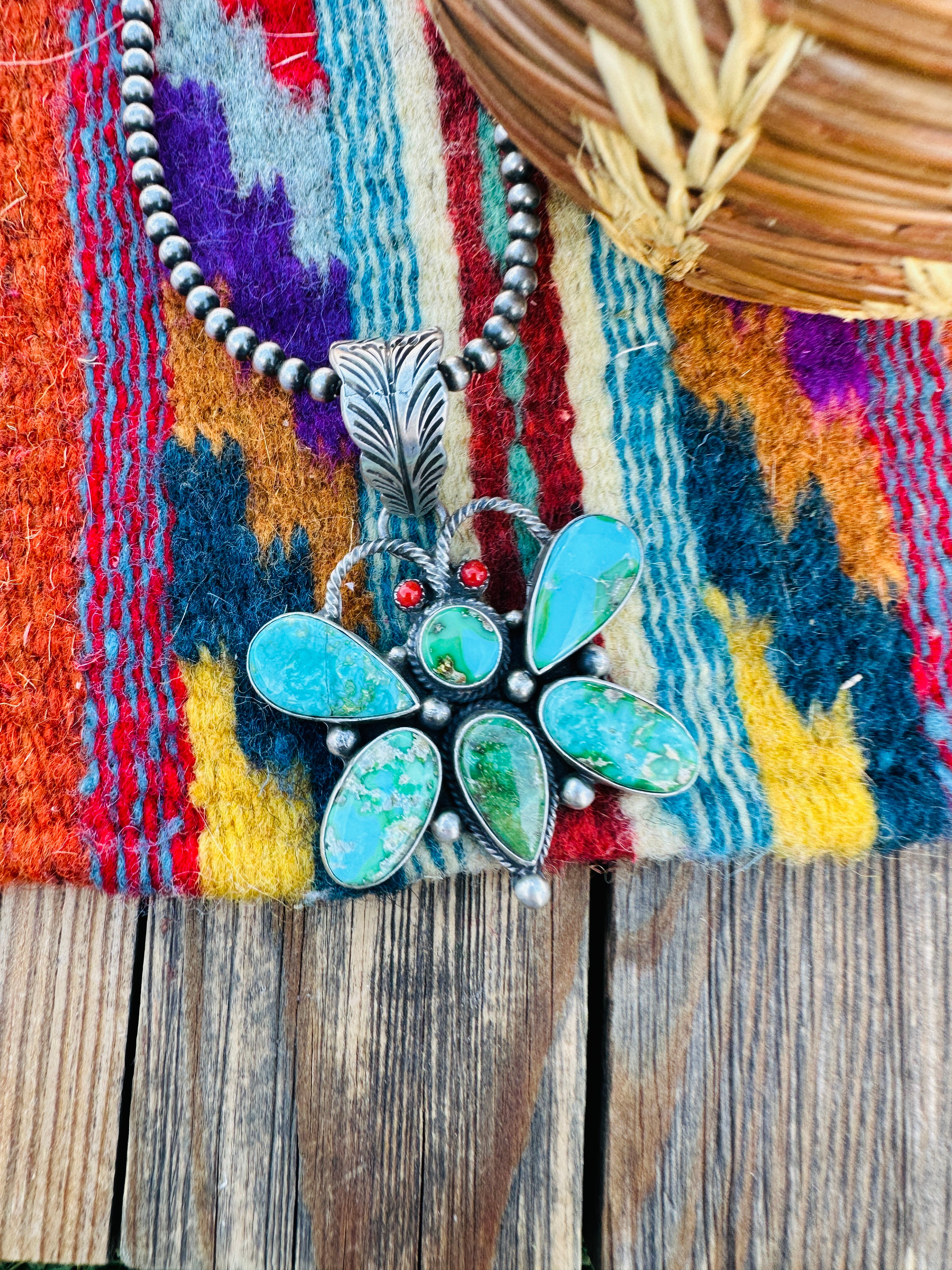 Handcrafted Sterling Silver, Turquoise & Coral Dragonfly Pendant by Emer Thompson