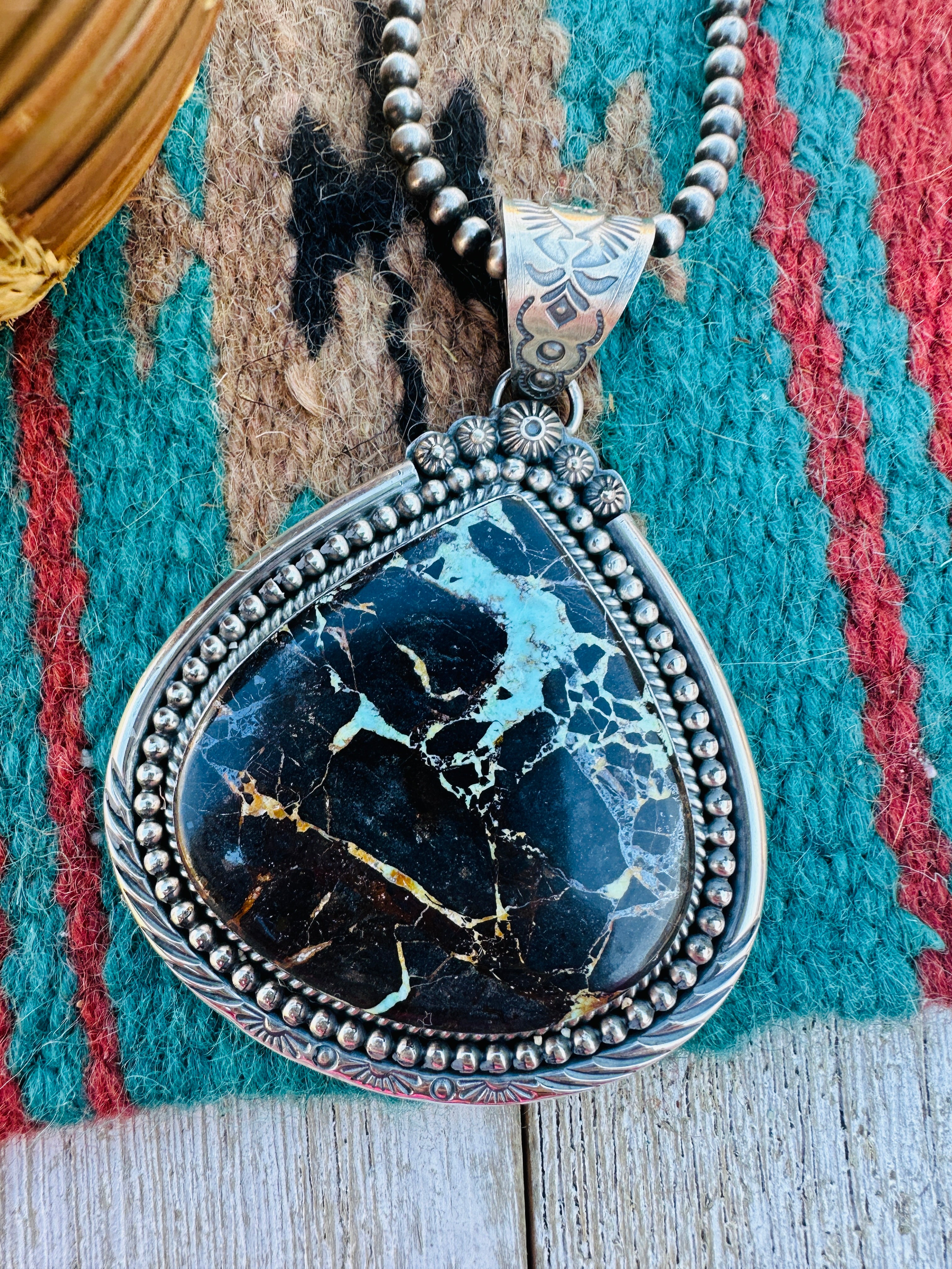 Handcrafted Sterling Silver & Blackjack Turquoise Pendant