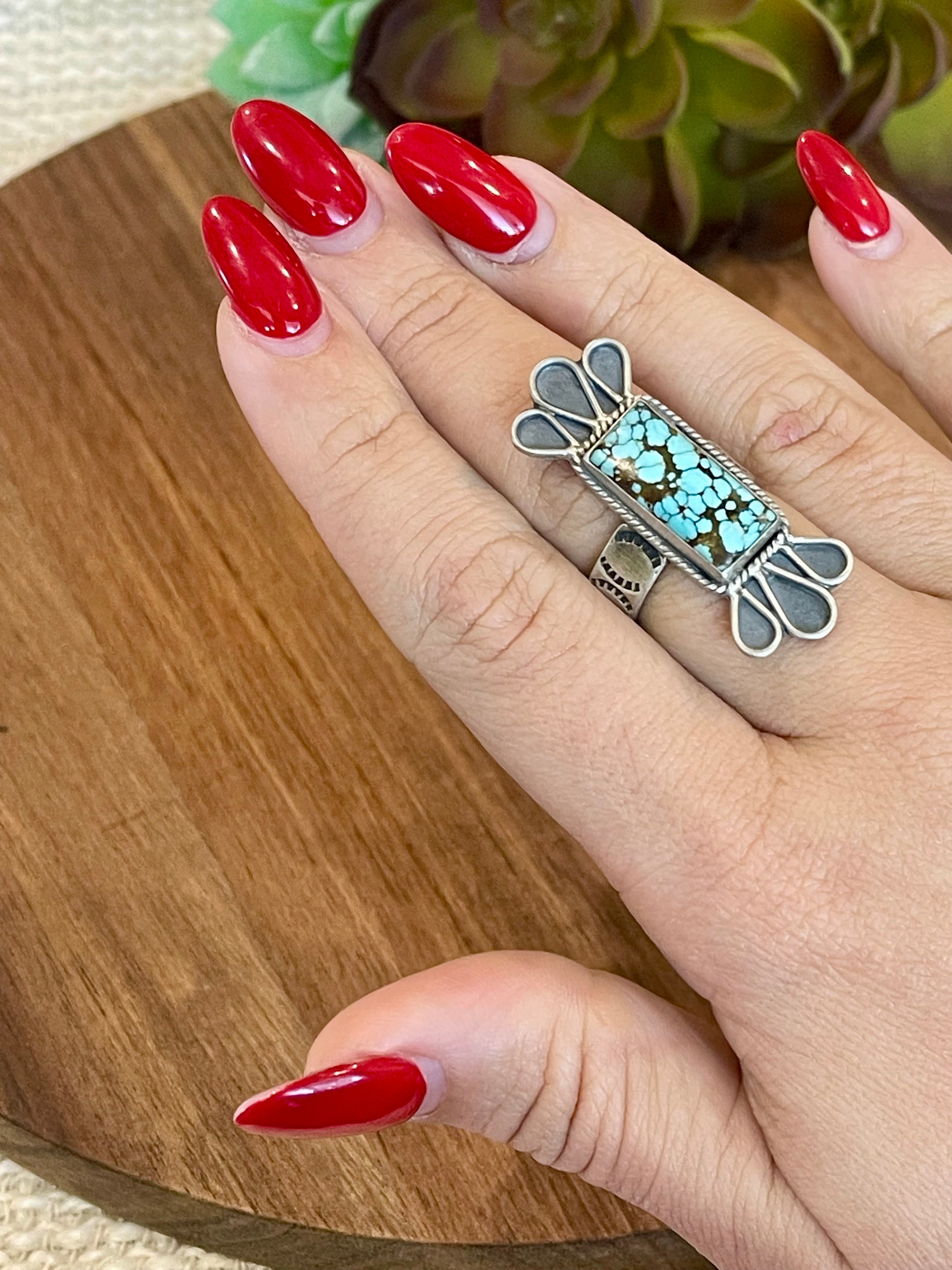 Beautiful Handmade Number 8 Turquoise And Sterling Silver Adjustable Ring