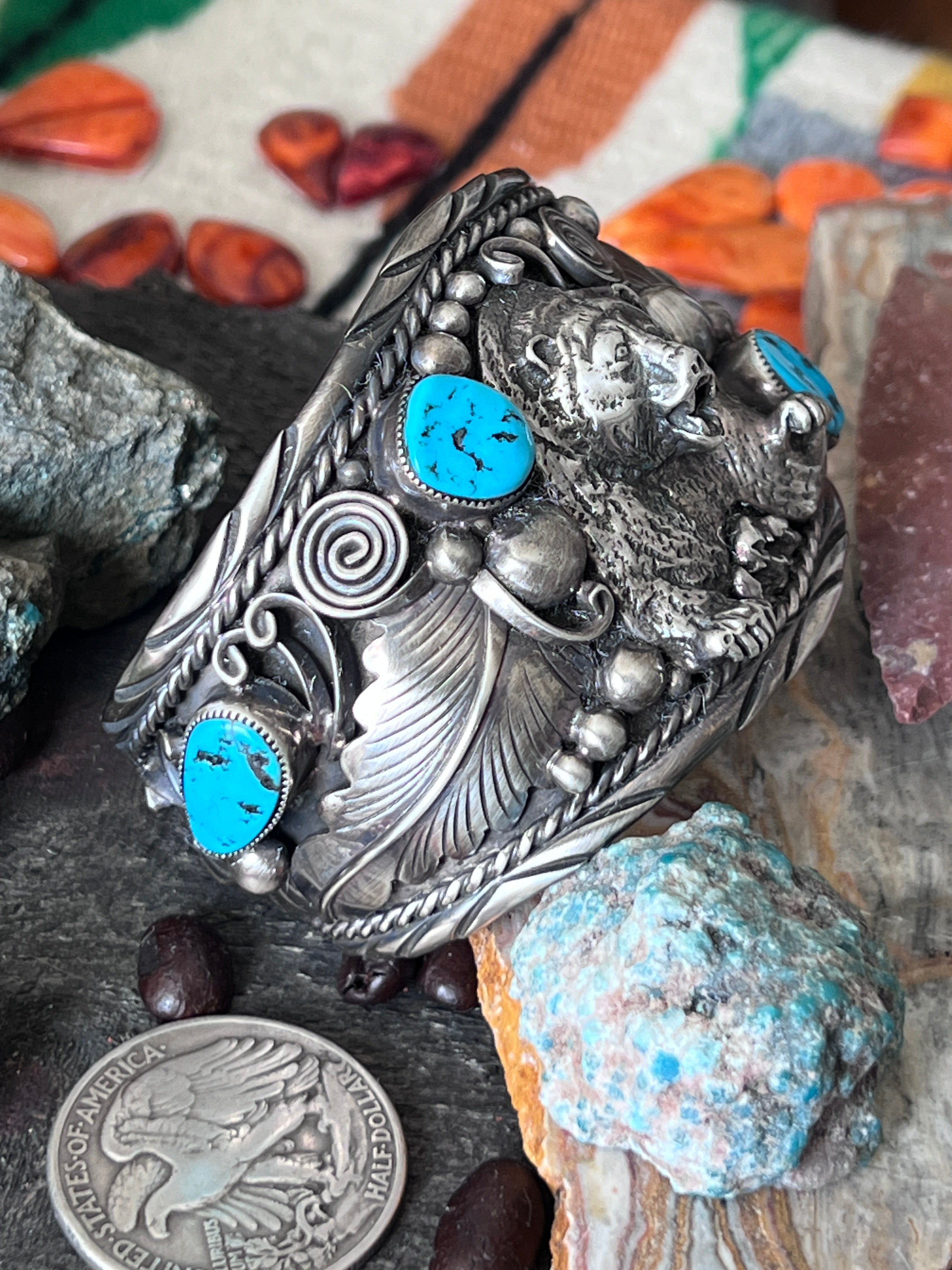 Old Pawn Sterling Silver and Kingman Turquoise Bear Motif Cuff by Running Bear