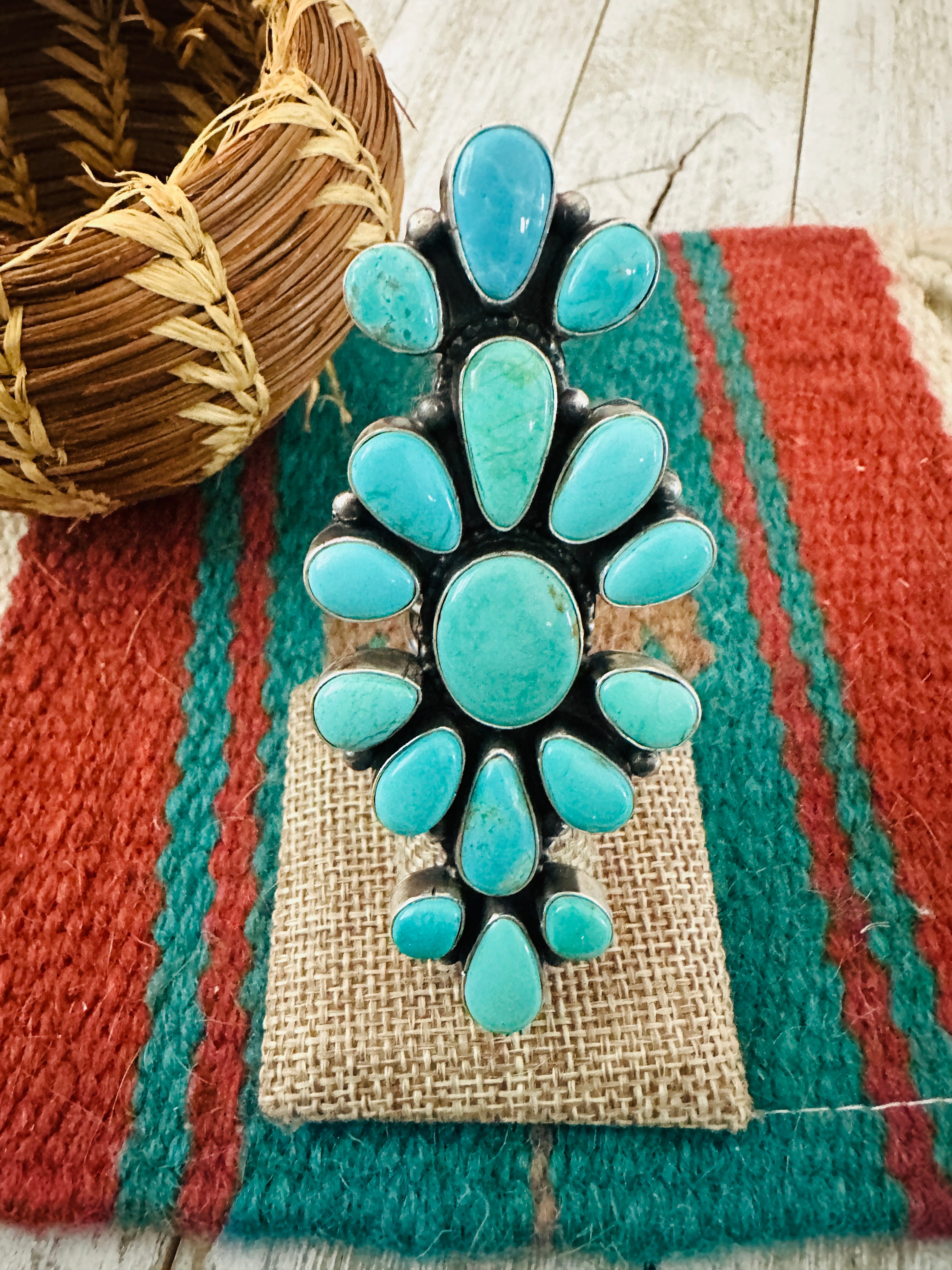 Handcrafted Sterling Silver & Turquoise Cluster Ring Size 6