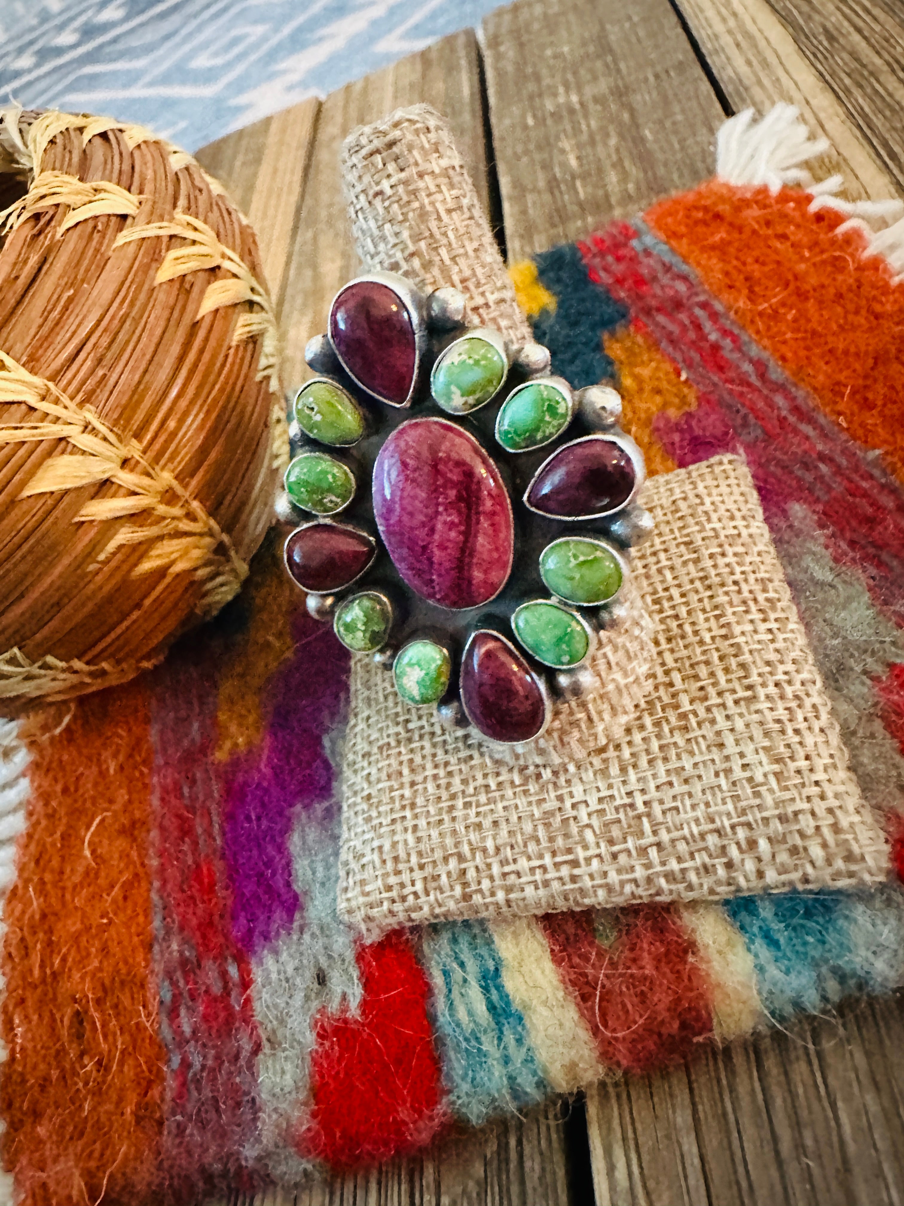 Handcrafted Spiny, Turquoise & Sterling Silver Adjustable Cluster Ring by Rena Shelly