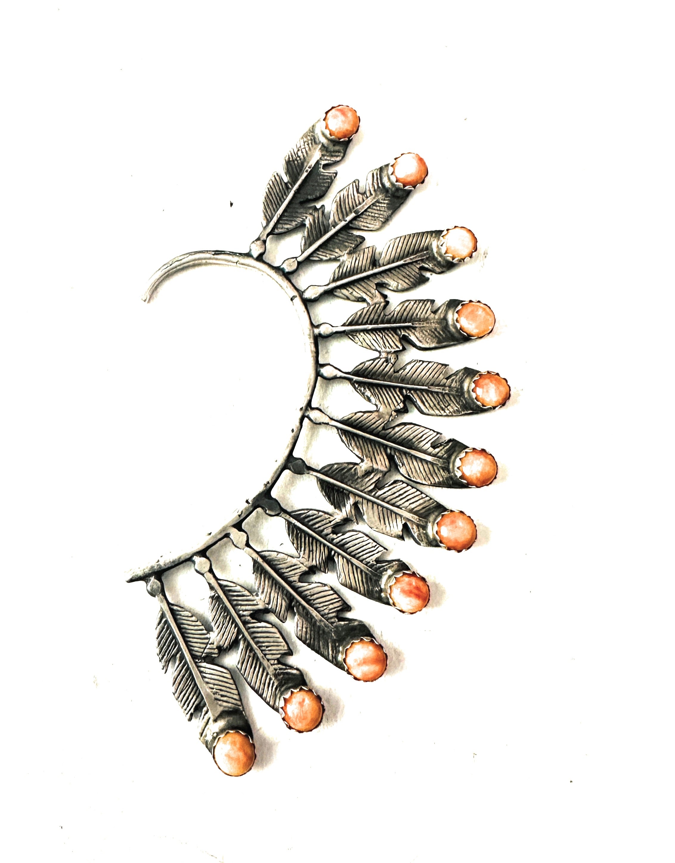 Handcrafted Orange Spiny & Sterling Silver Feather Cuff Earring (Left Side)