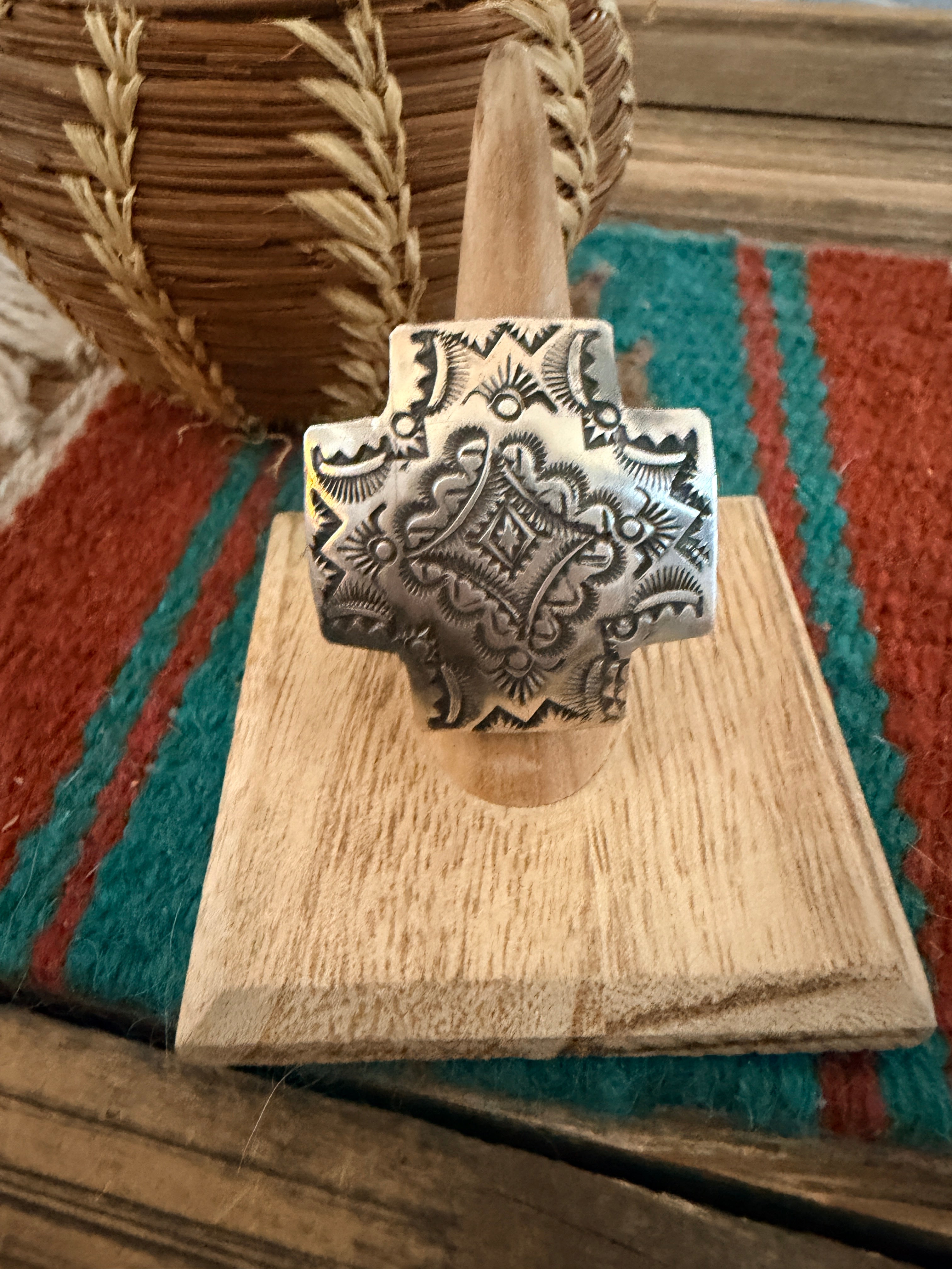 Handcrafted Sterling Silver Adjustable Cross Concho Ring by Vincent Platero