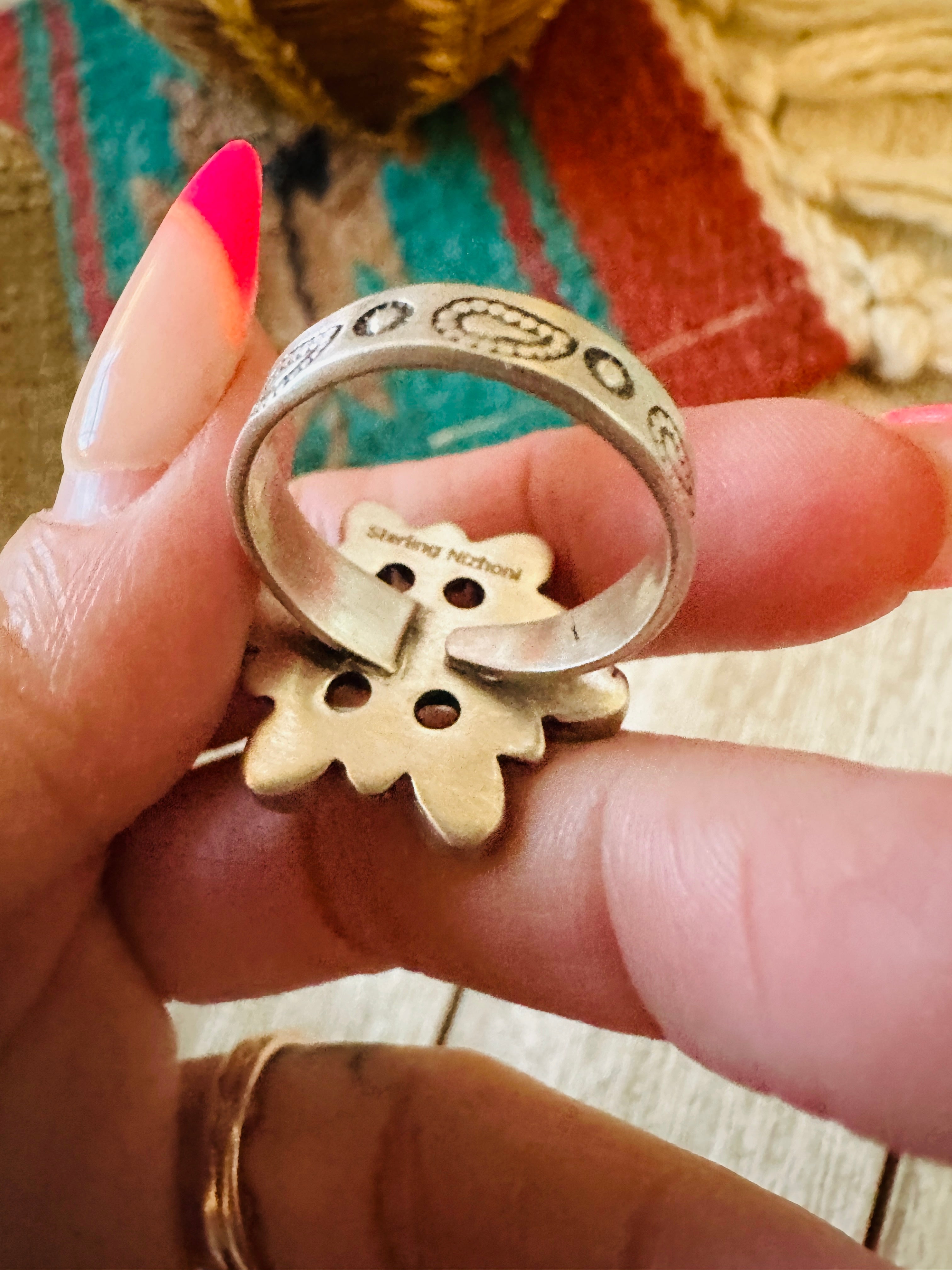 ** Christmas Collection ** Handmade Sterling Silver & Coral Adjustable Snowflake Ring Signed Nizhoni