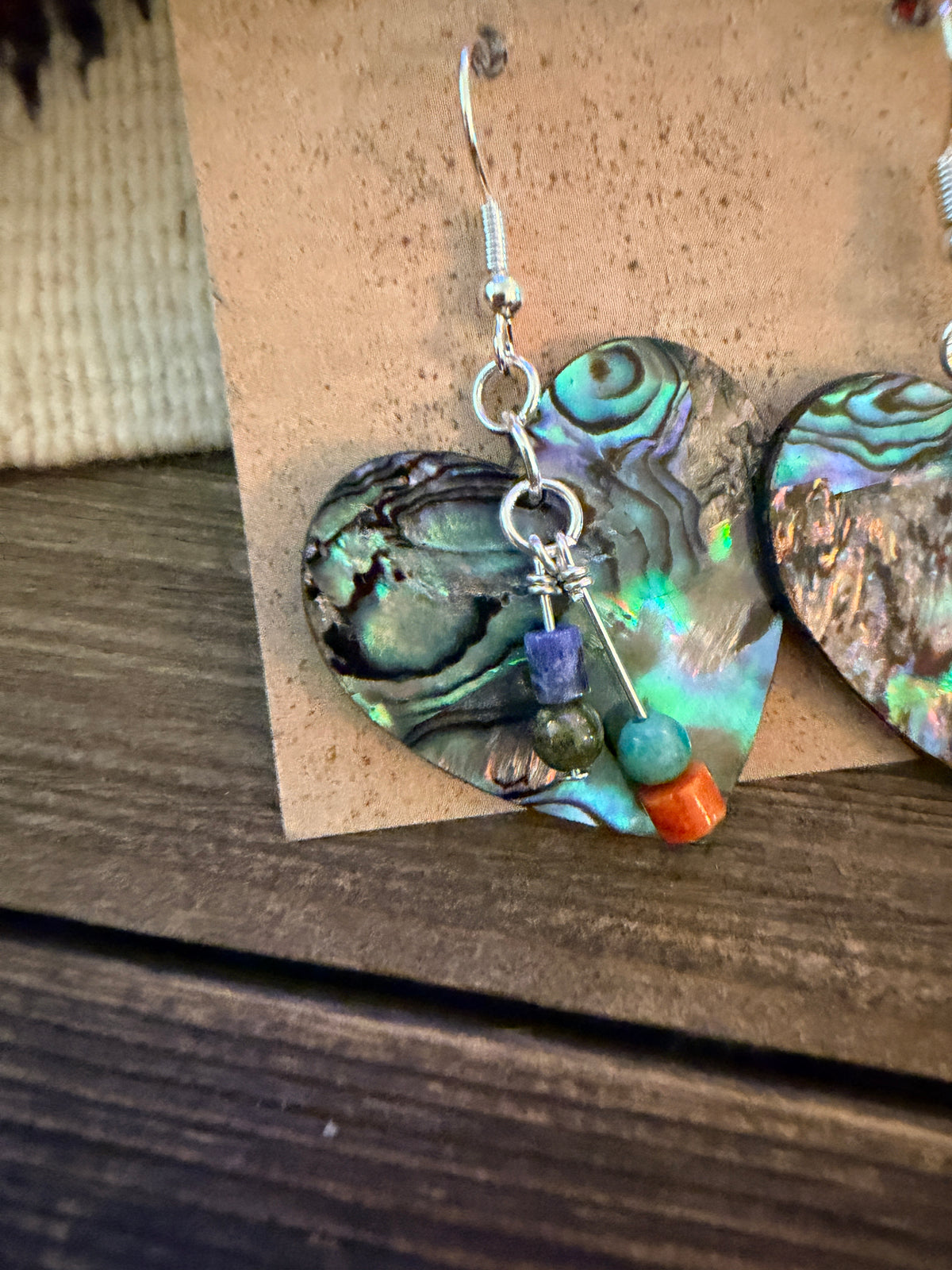 Handcrafted Abalone Slab Heart Dangle Earrings