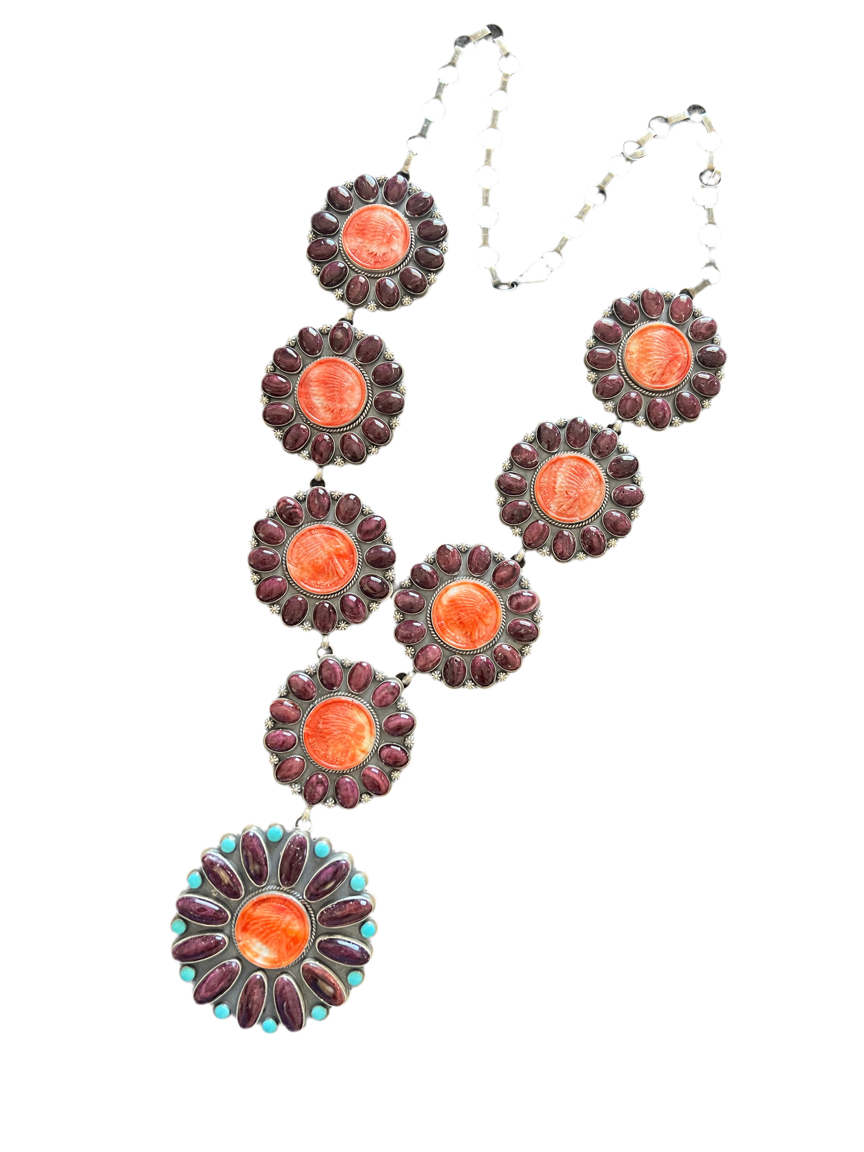 Handcrafted Stunning Sterling Silver, Carved Spiny Oyster and Turquoise Necklace by Gilbert Platero