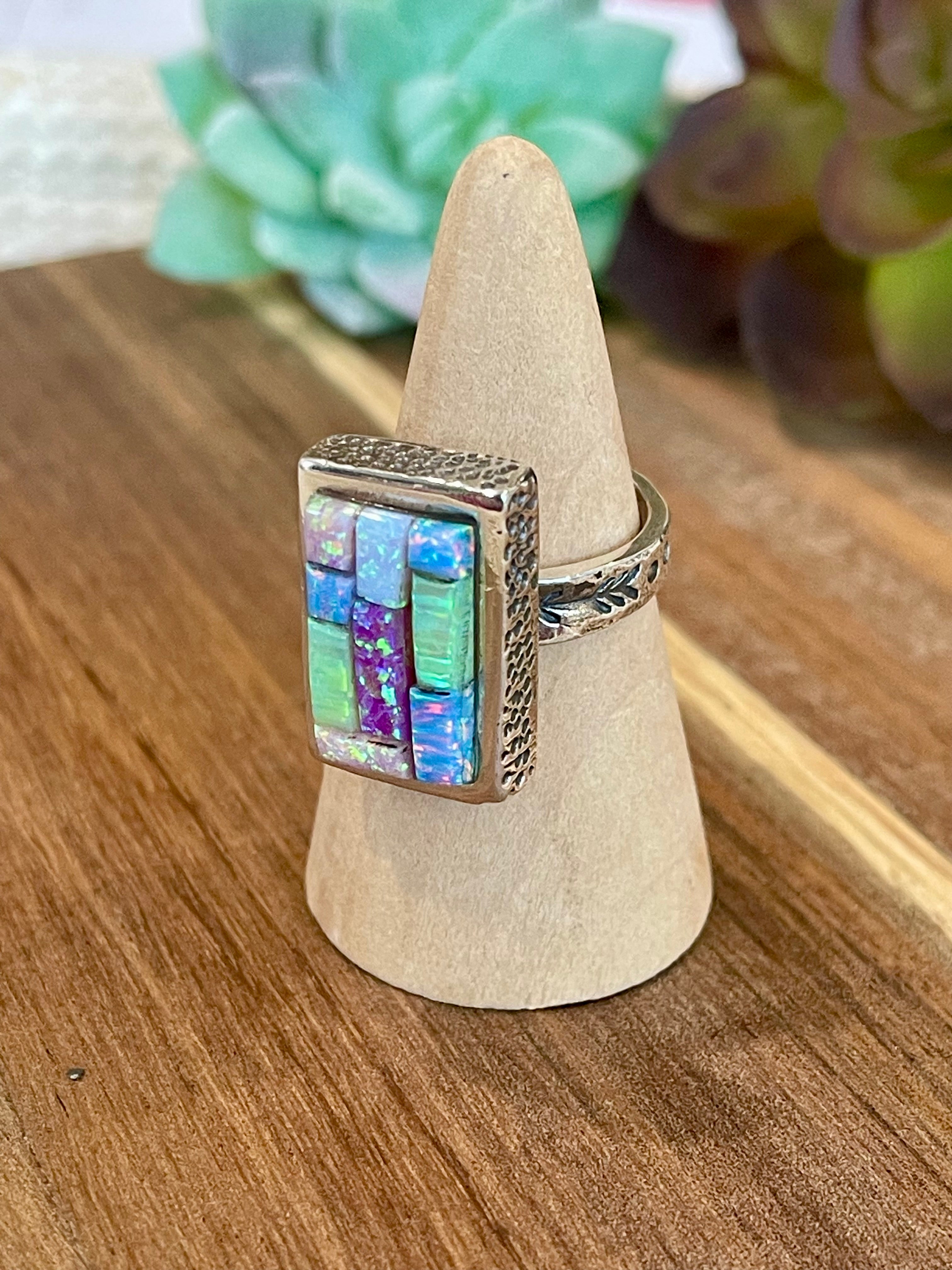 Handmade Sterling Silver & Multi Stone Inlay Ring Size 8.5