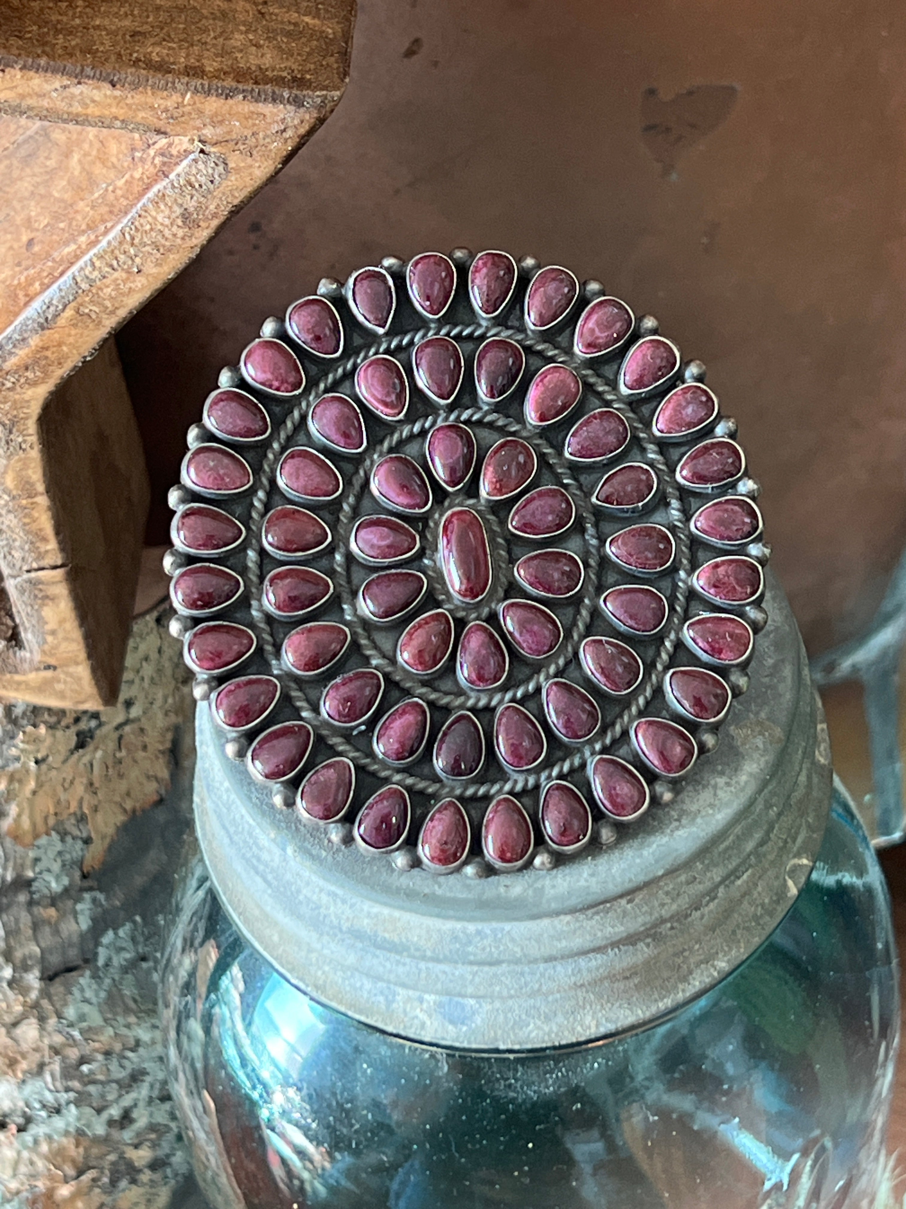 Handcrafted Sterling Silver and Purple Spiny Oyster Cluster Ring by Anthony Skeets, Size 7