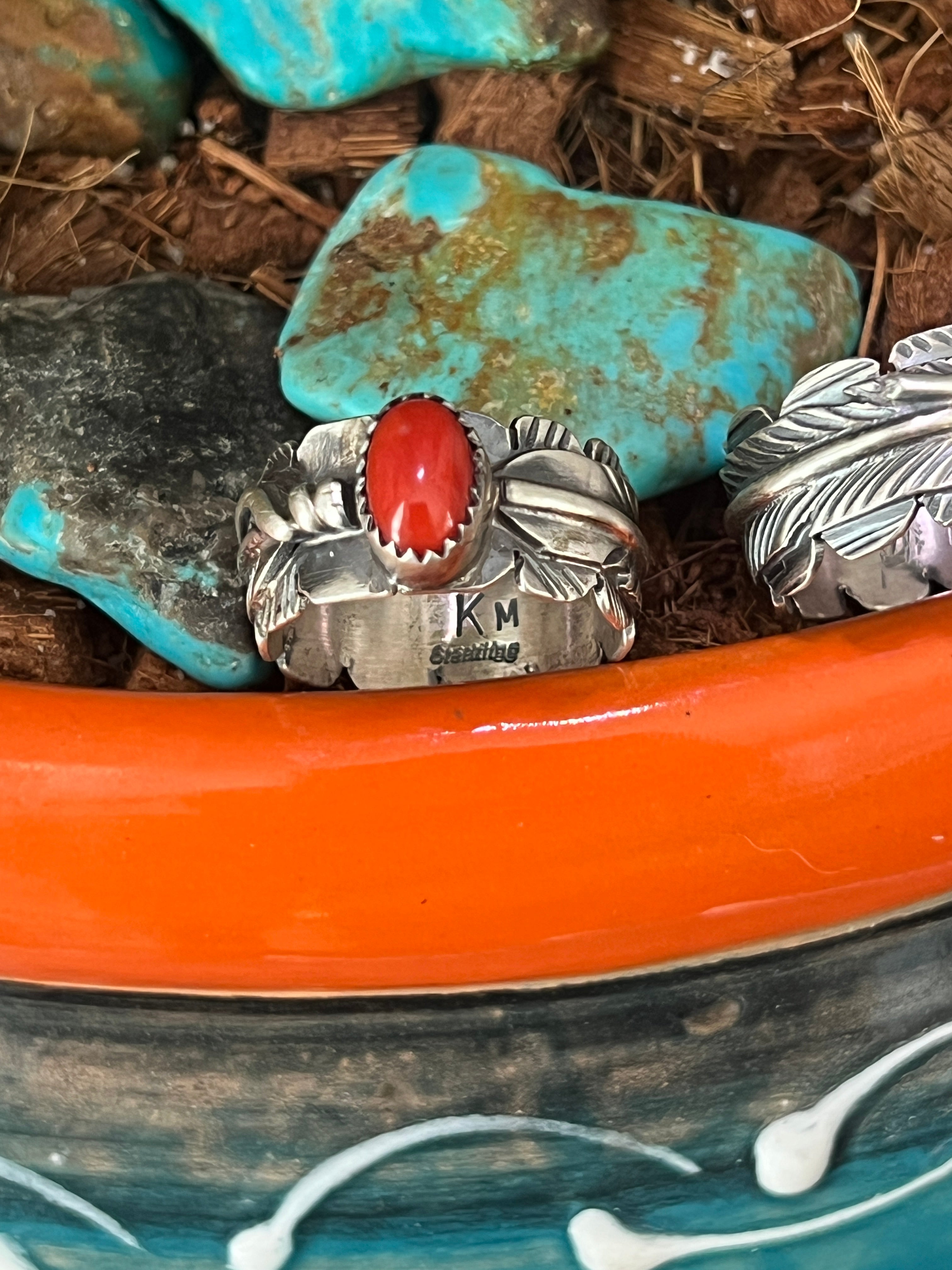 Handcrafted Sterling Silver Stout Feather Rings with Mediterranean Coral, Signed KM