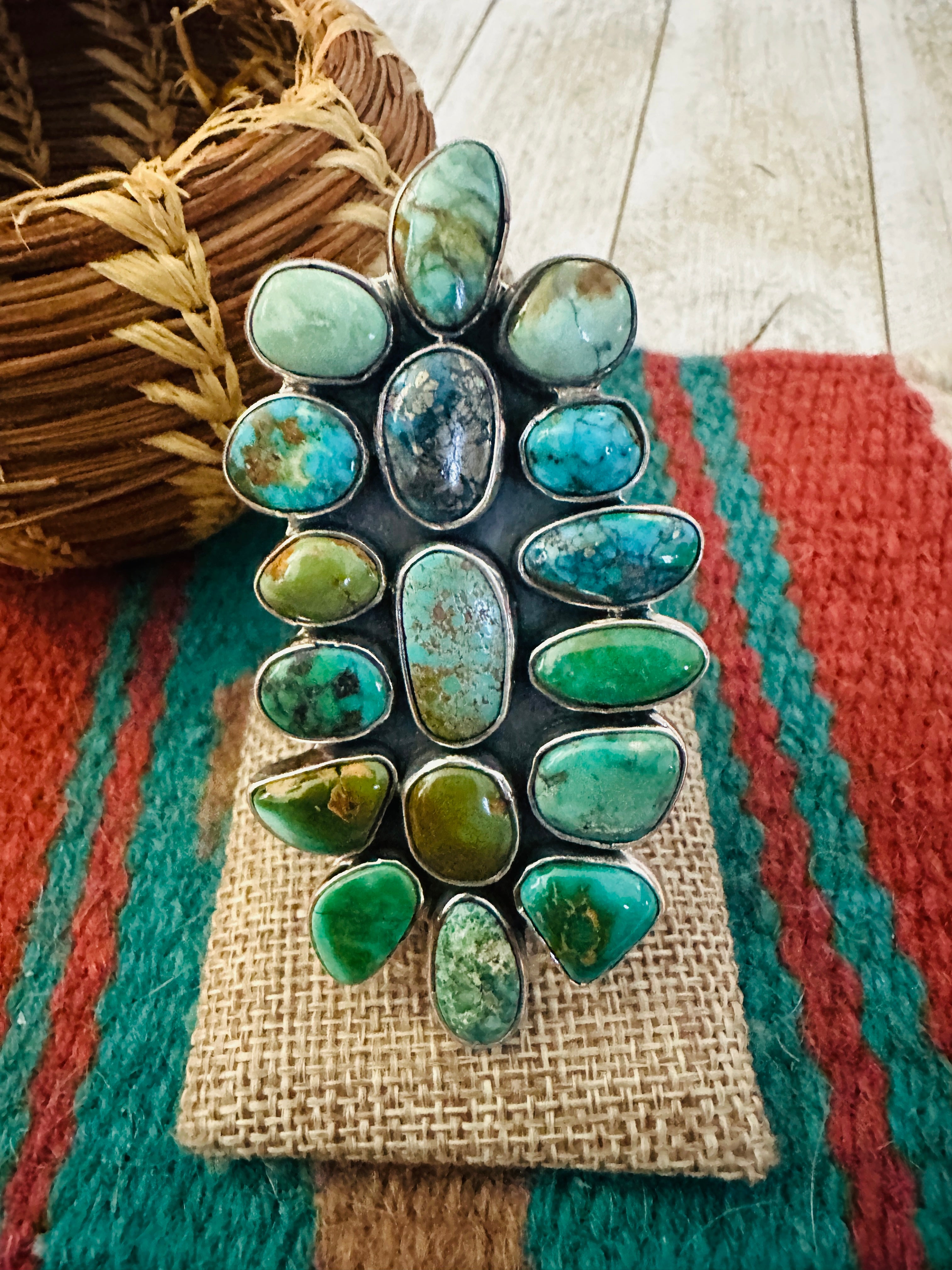 Handcrafted Turquoise & Sterling Silver Cluster Adjustable Ring by Federico Jimenez