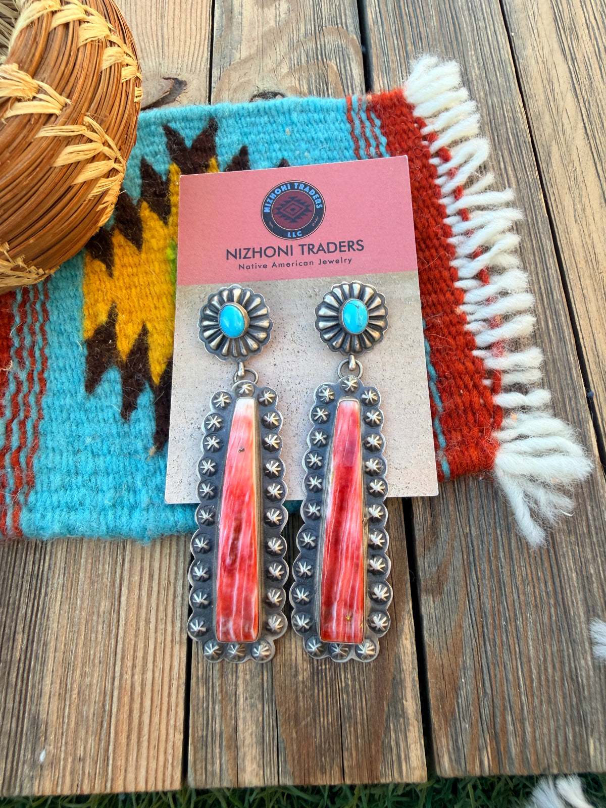 Handcrafted Spiny Oyster, Turquoise & Sterling Silver Dangle Earrings by Eugene Charley