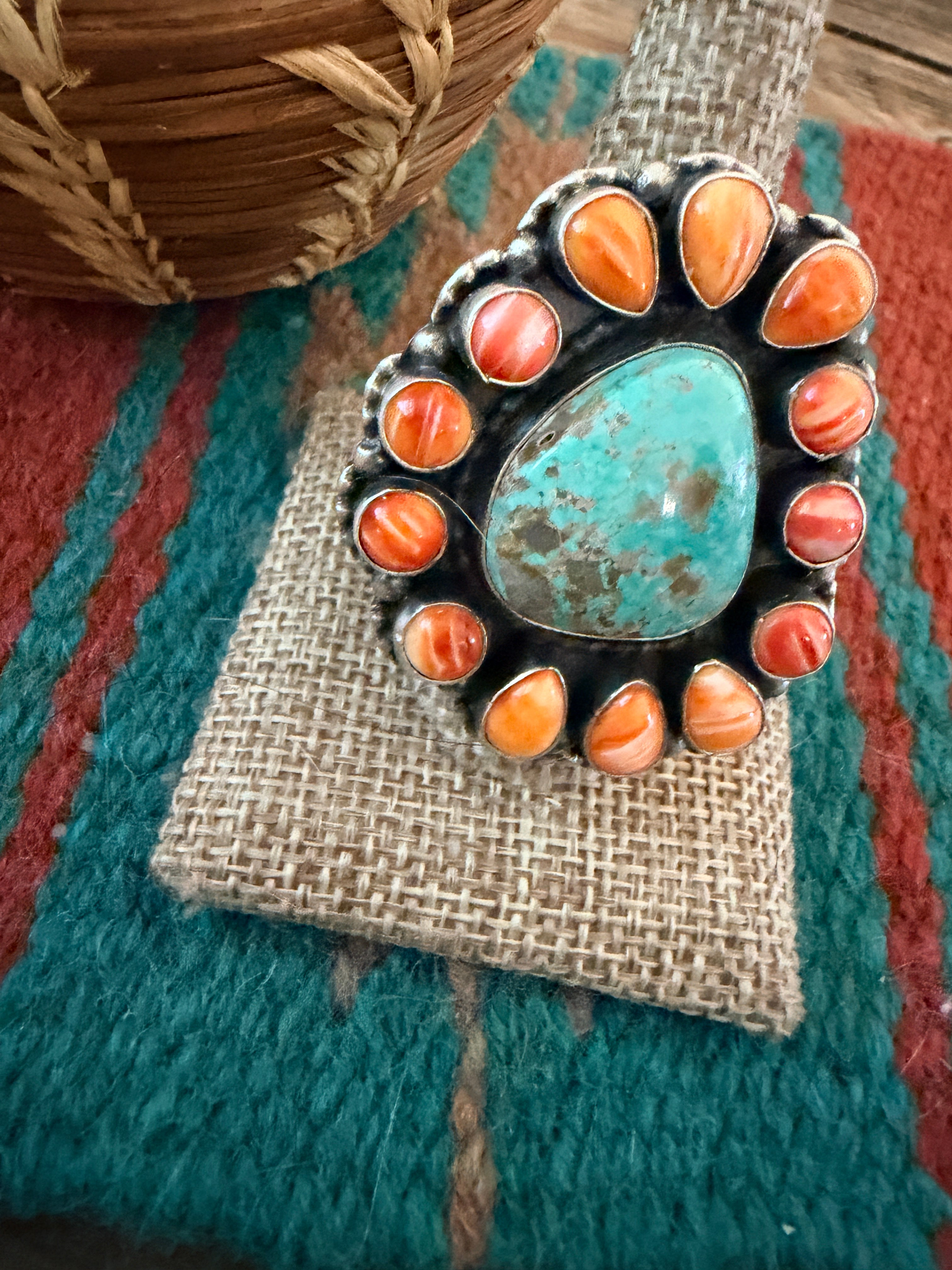 Handcrafted Spiny Oyster, Turquoise & Sterling Silver Cluster Ring by Sheila Becenti Size 10
