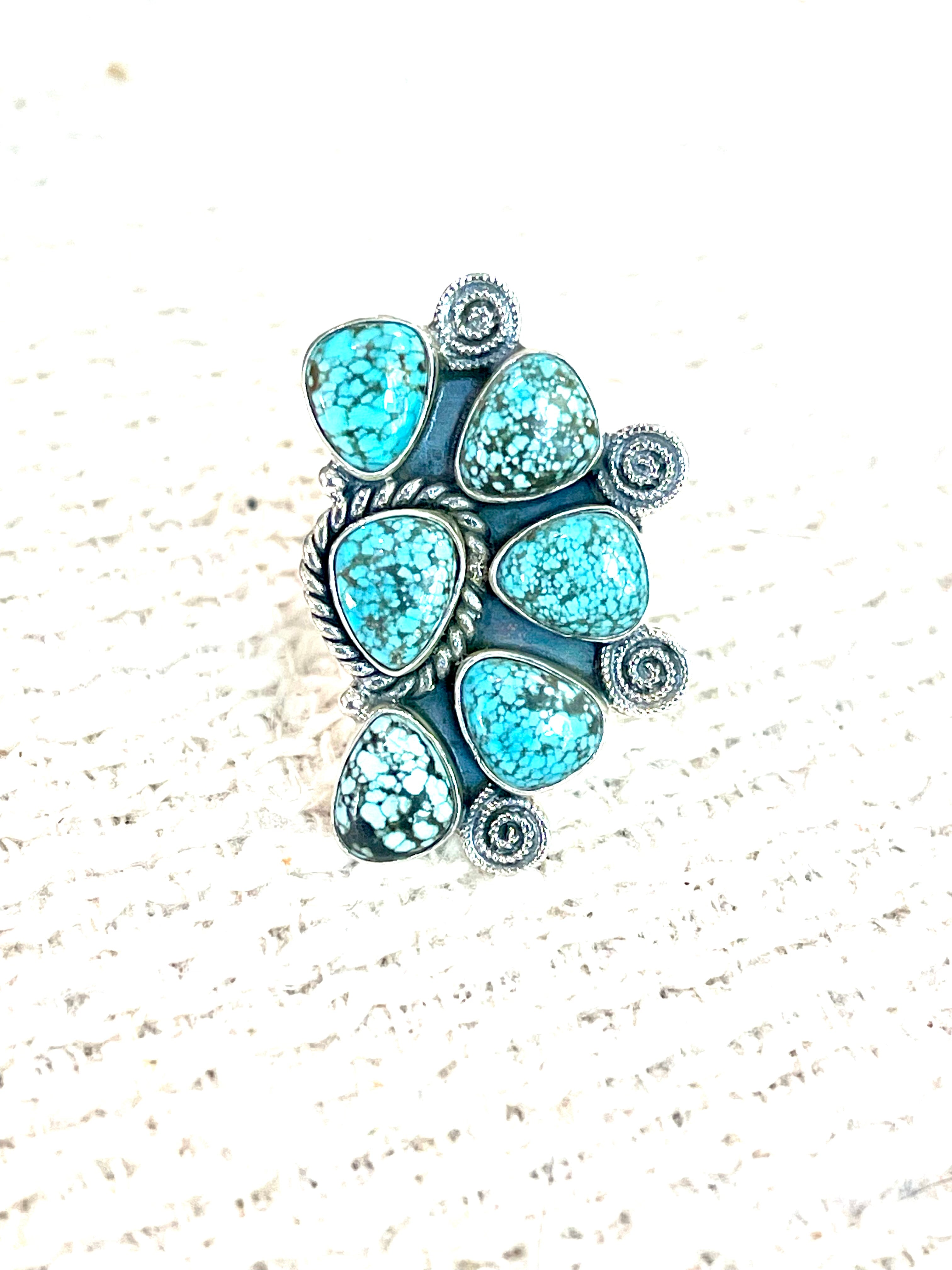 Beautiful Handmade Sterling Silver & Number 8 Turquoise Adjustable Cluster Ring