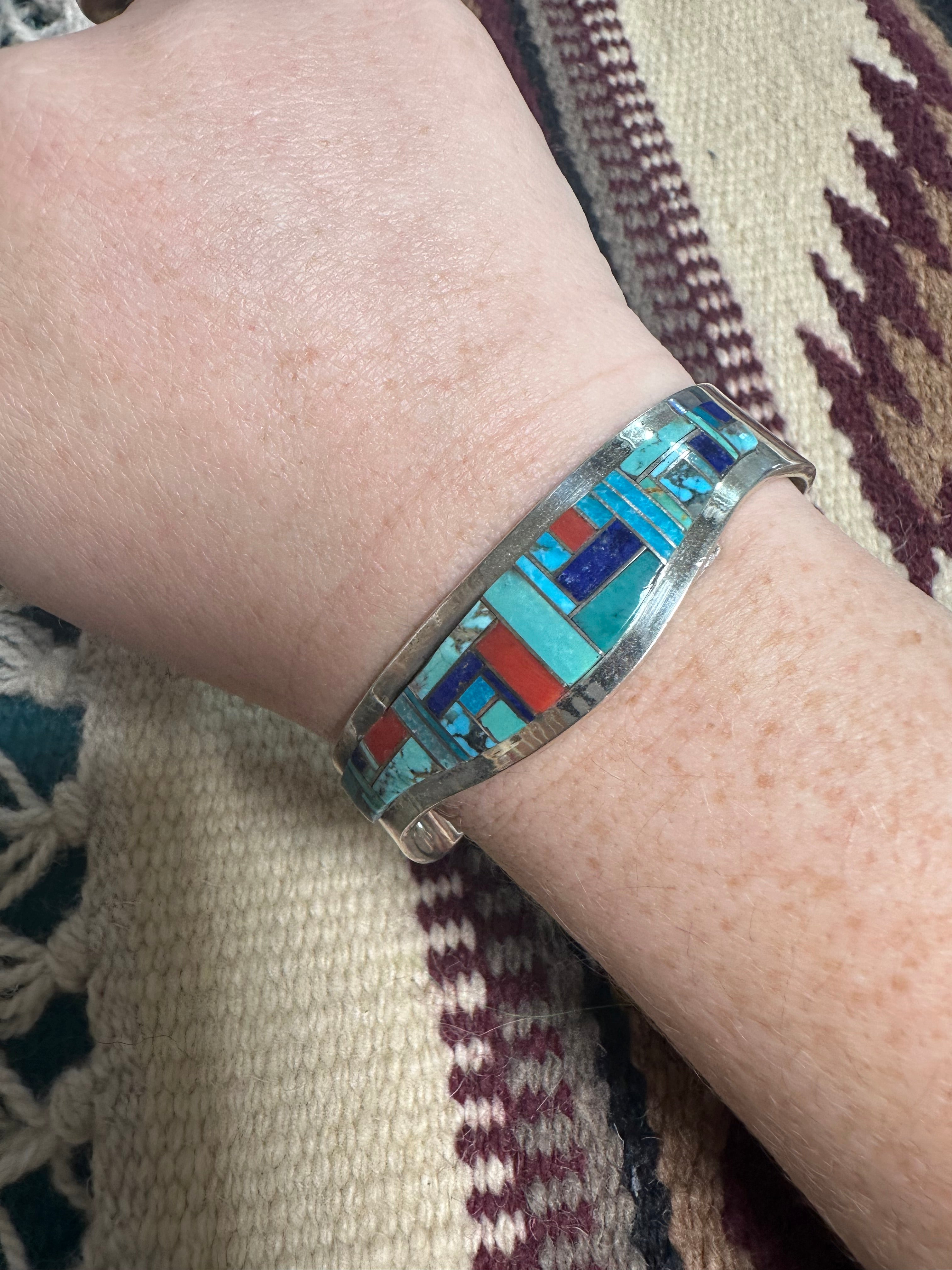 Handcrafted Multi Stone & Sterling Silver Inlay Cuff Bracelet Signed Patricia Becenti