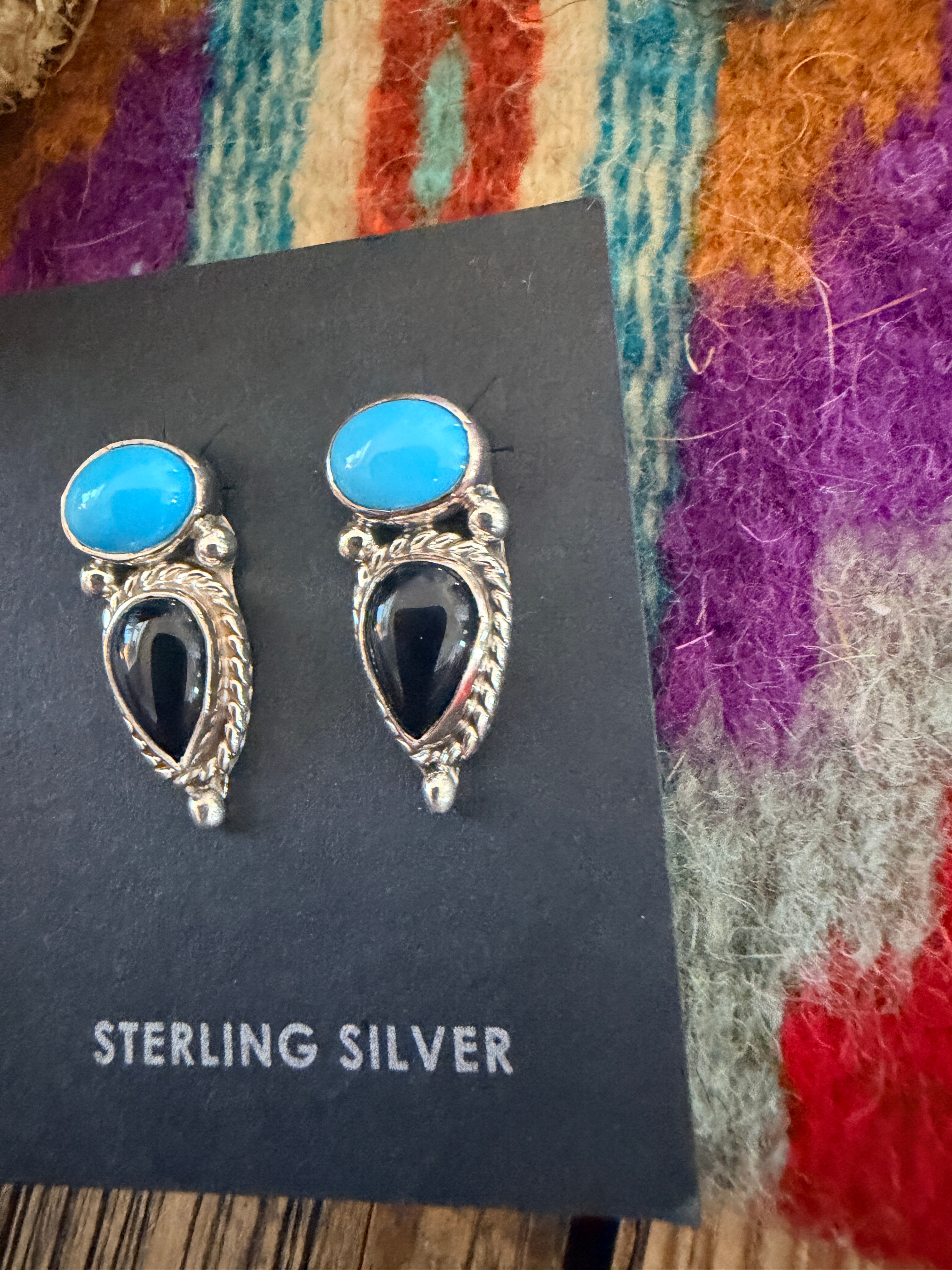Handcrafted Turquoise, Onyx & Sterling Silver Stud Earrings by Jacqueline Silver