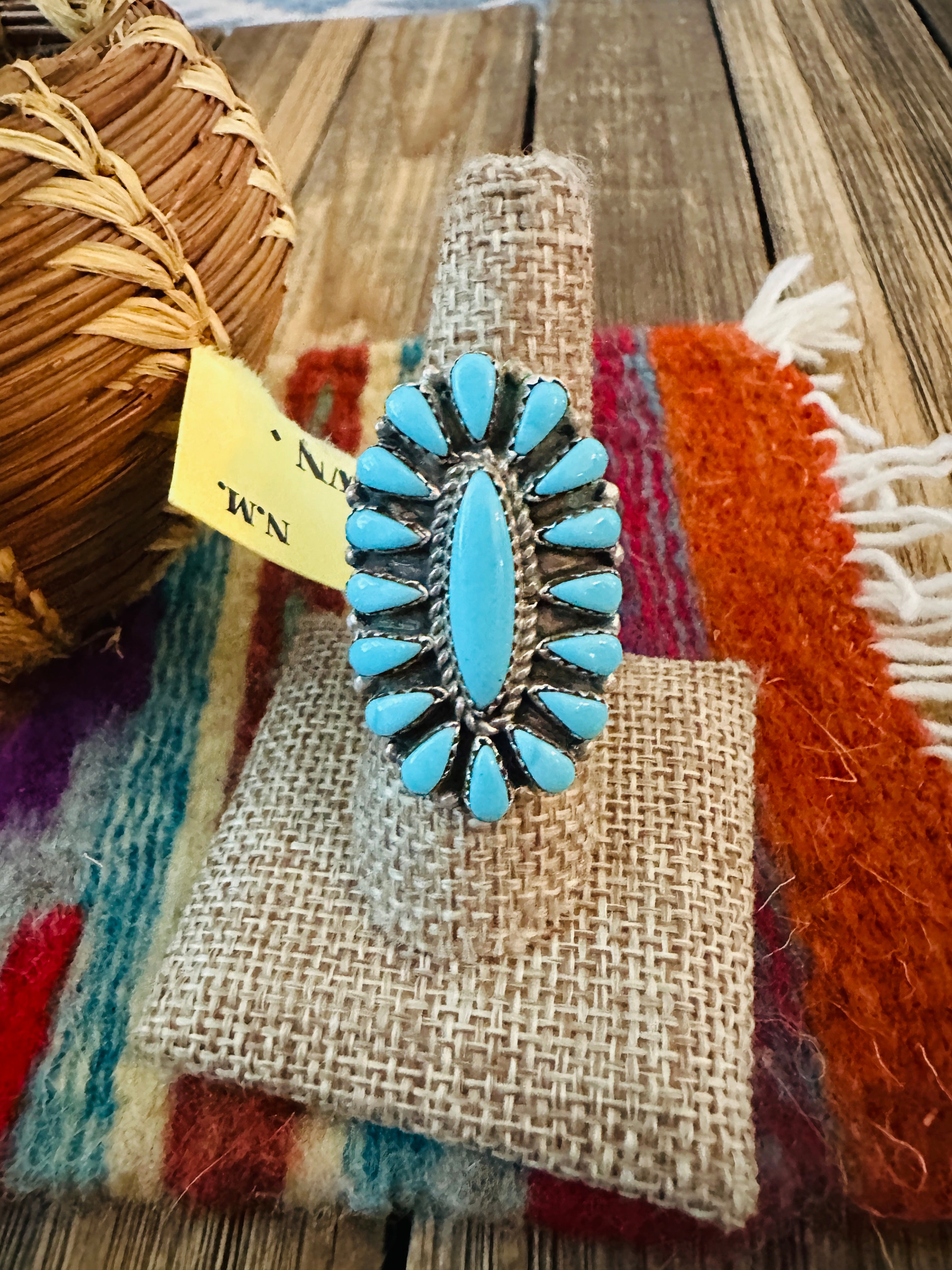 Old Pawn Handcrafted Turquoise & Sterling Silver Cluster Ring Size 8.5