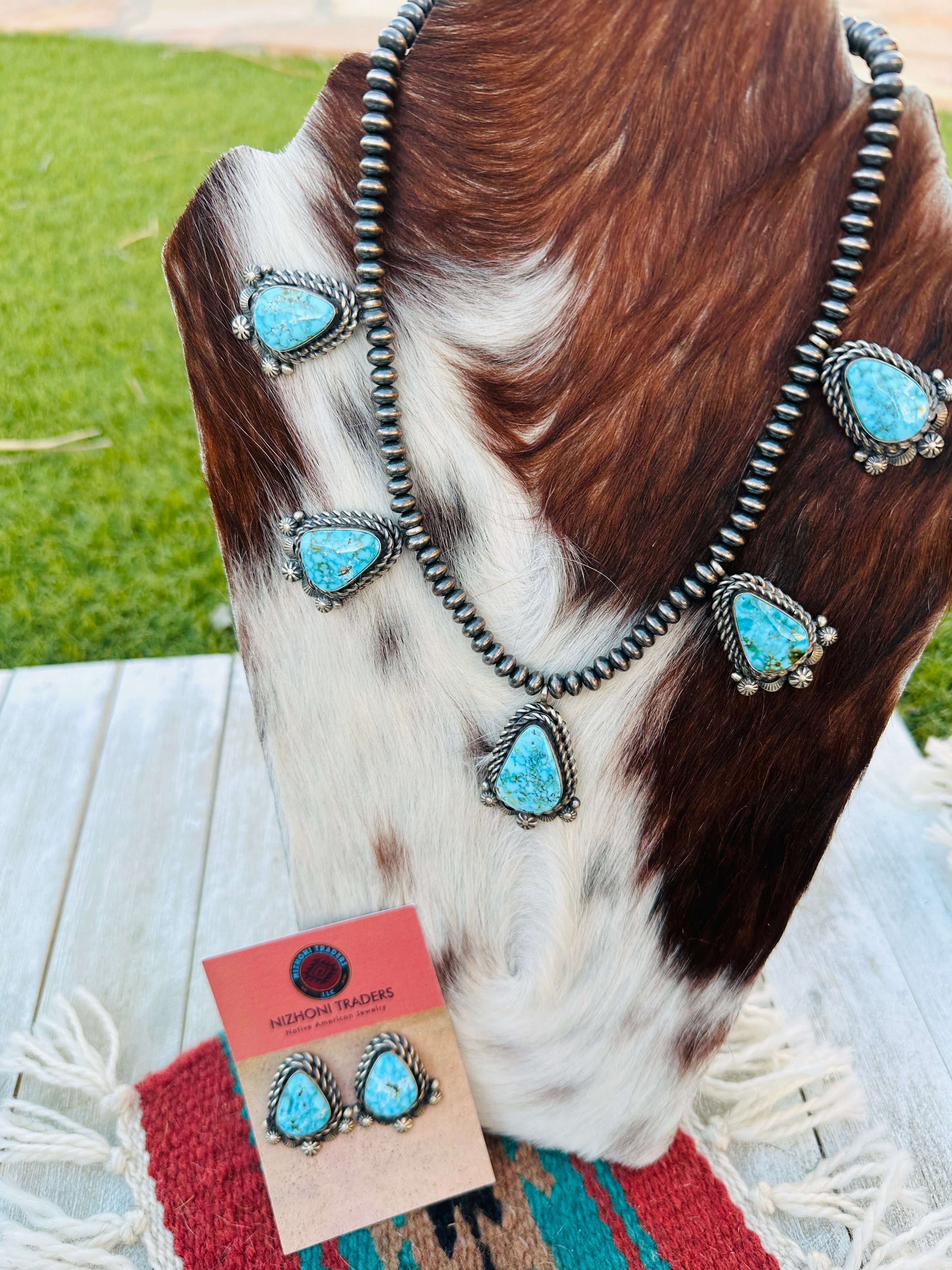 Handcrafted Kingman Web Turquoise & Sterling Silver Necklace and Earring Set by Eli Skeets