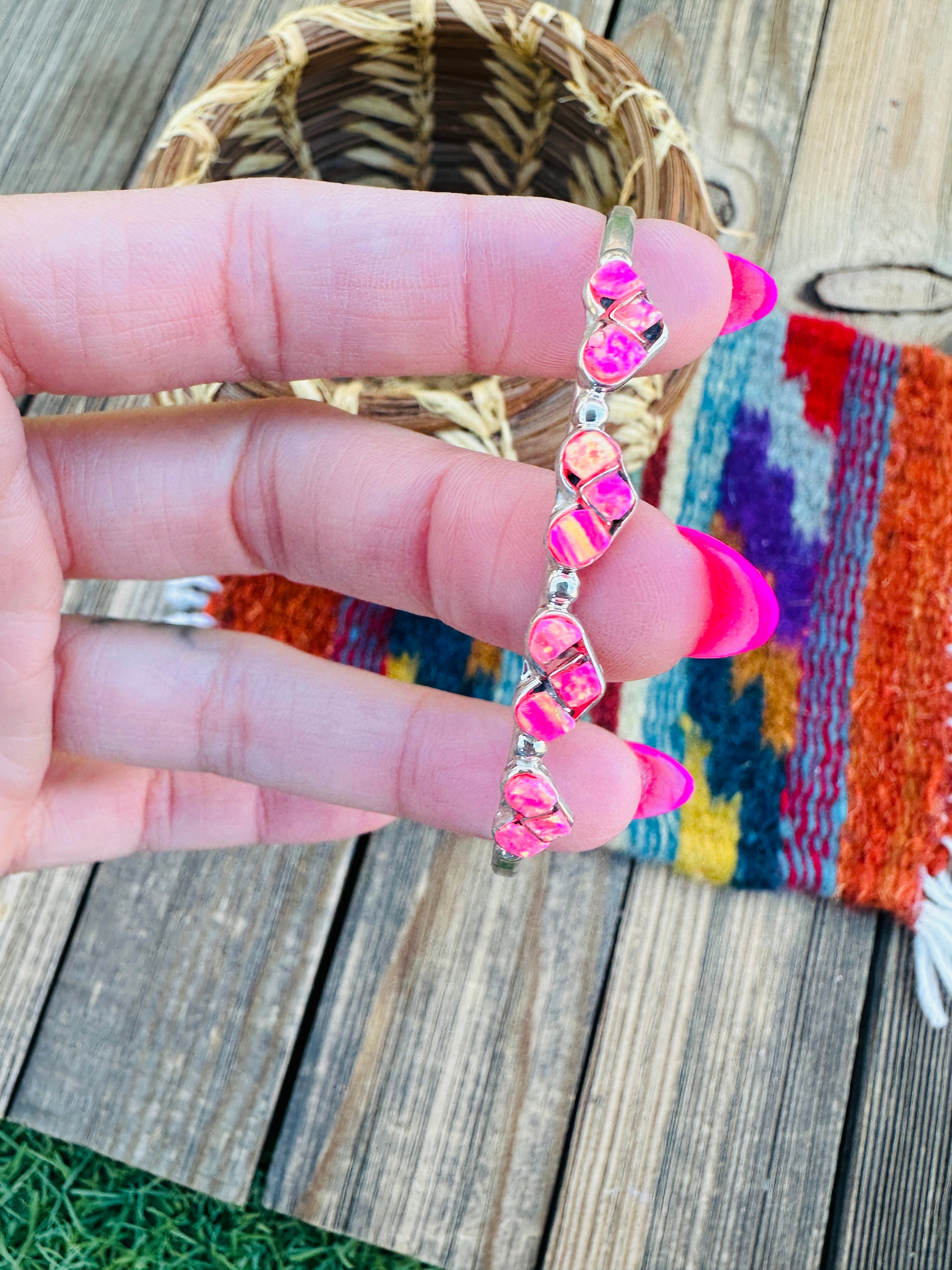 Handcrafted Sterling Silver & Pink Opal Heart Inlay Cuff Bracelet