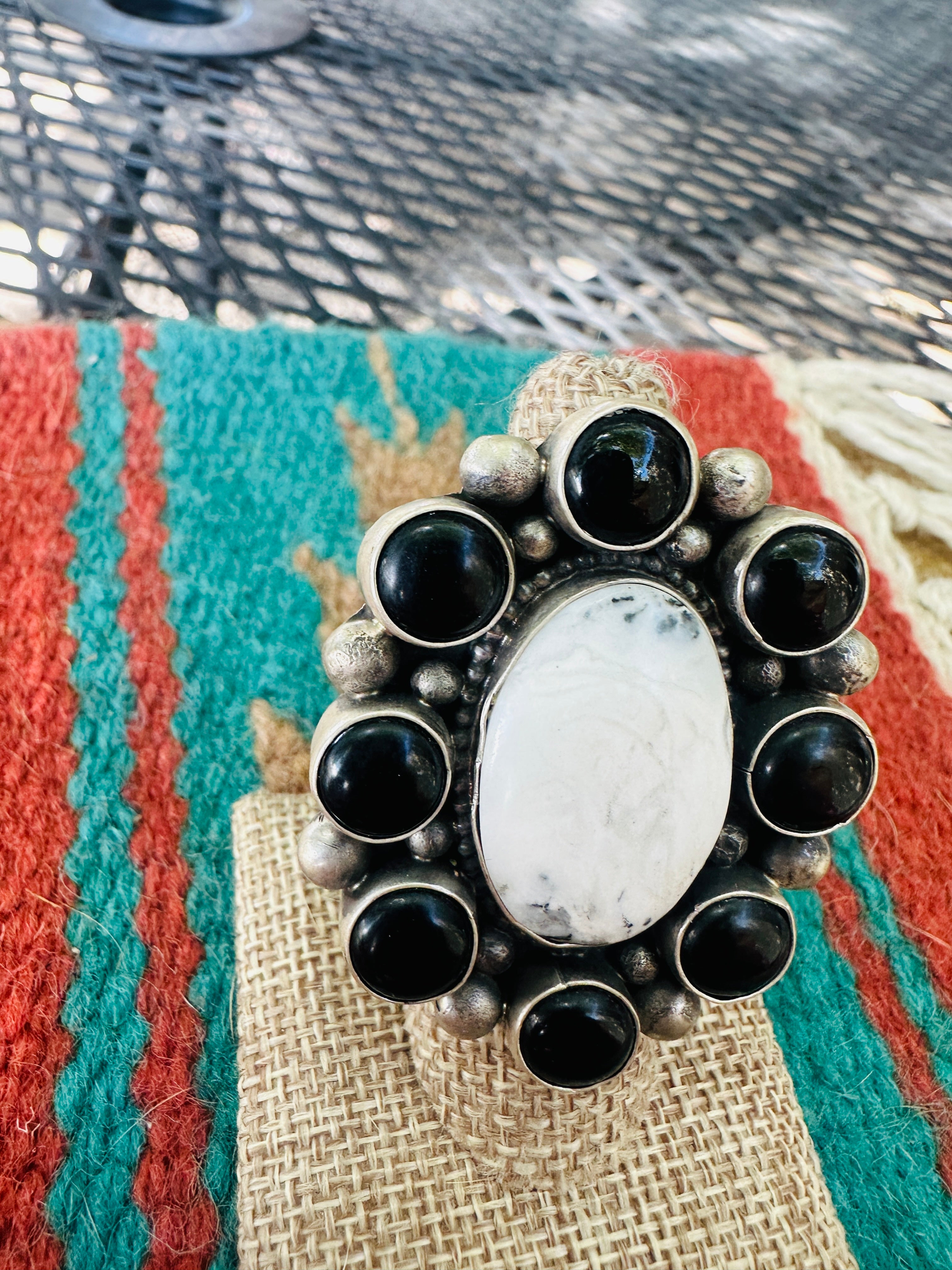 Handcrafted Sterling Silver, White Buffalo & Onyx Cluster Adjustable Ring