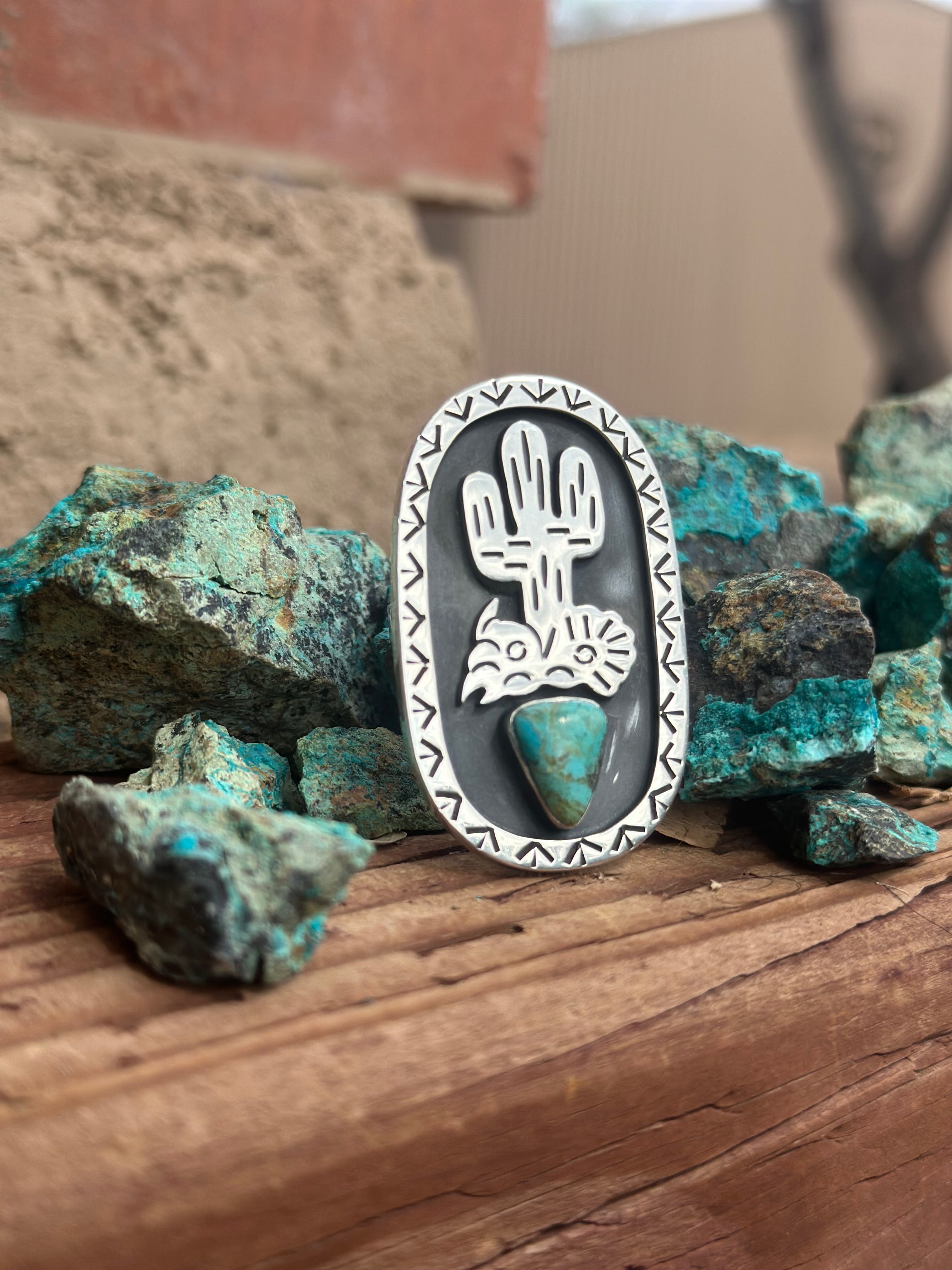 Handmade Kingman Turquoise And Sterling Silver Adjustable Cactus Ring
