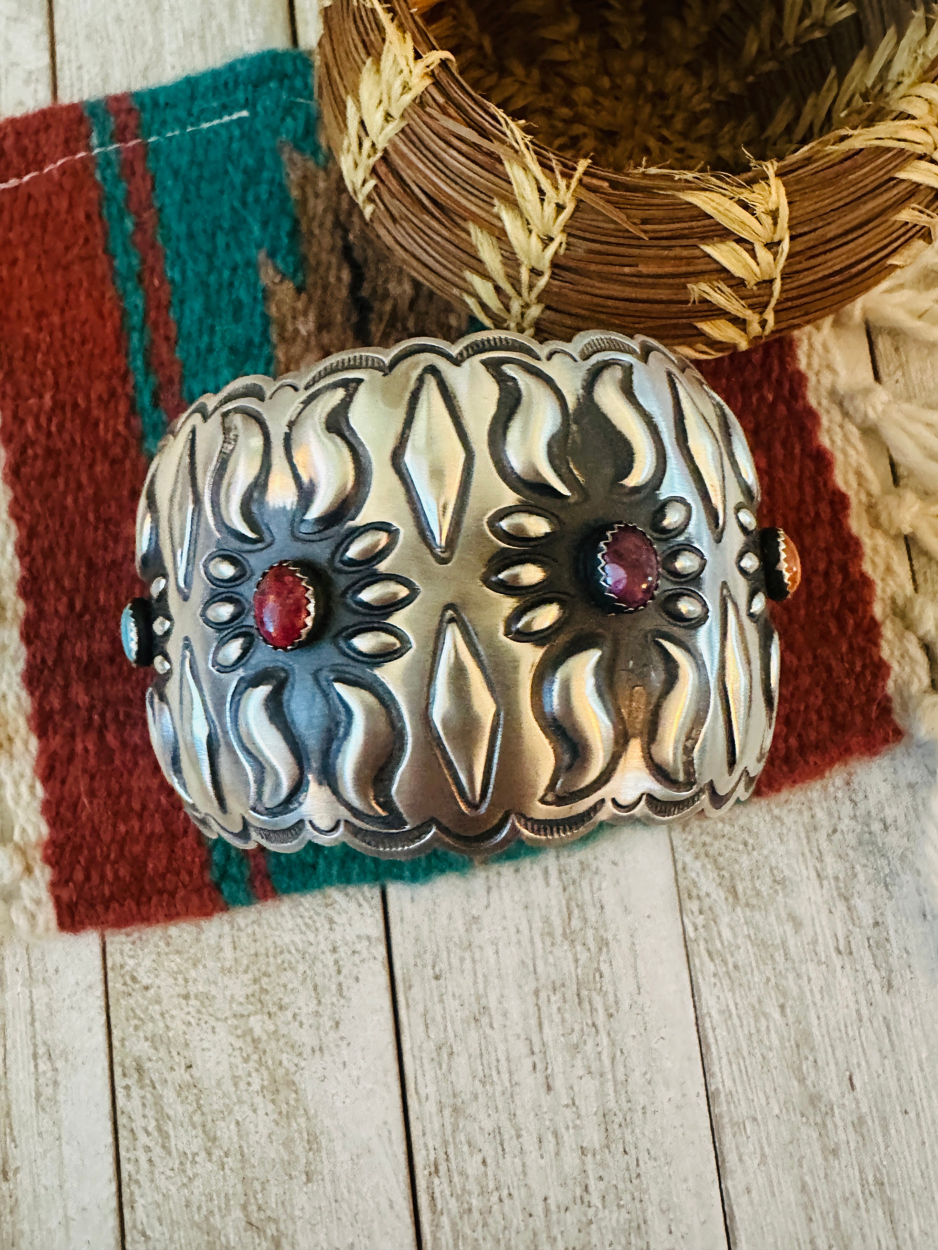 Handcrafted Sterling Silver, Spiny & Turquoise Bangle Bracelet by Leander Tahe