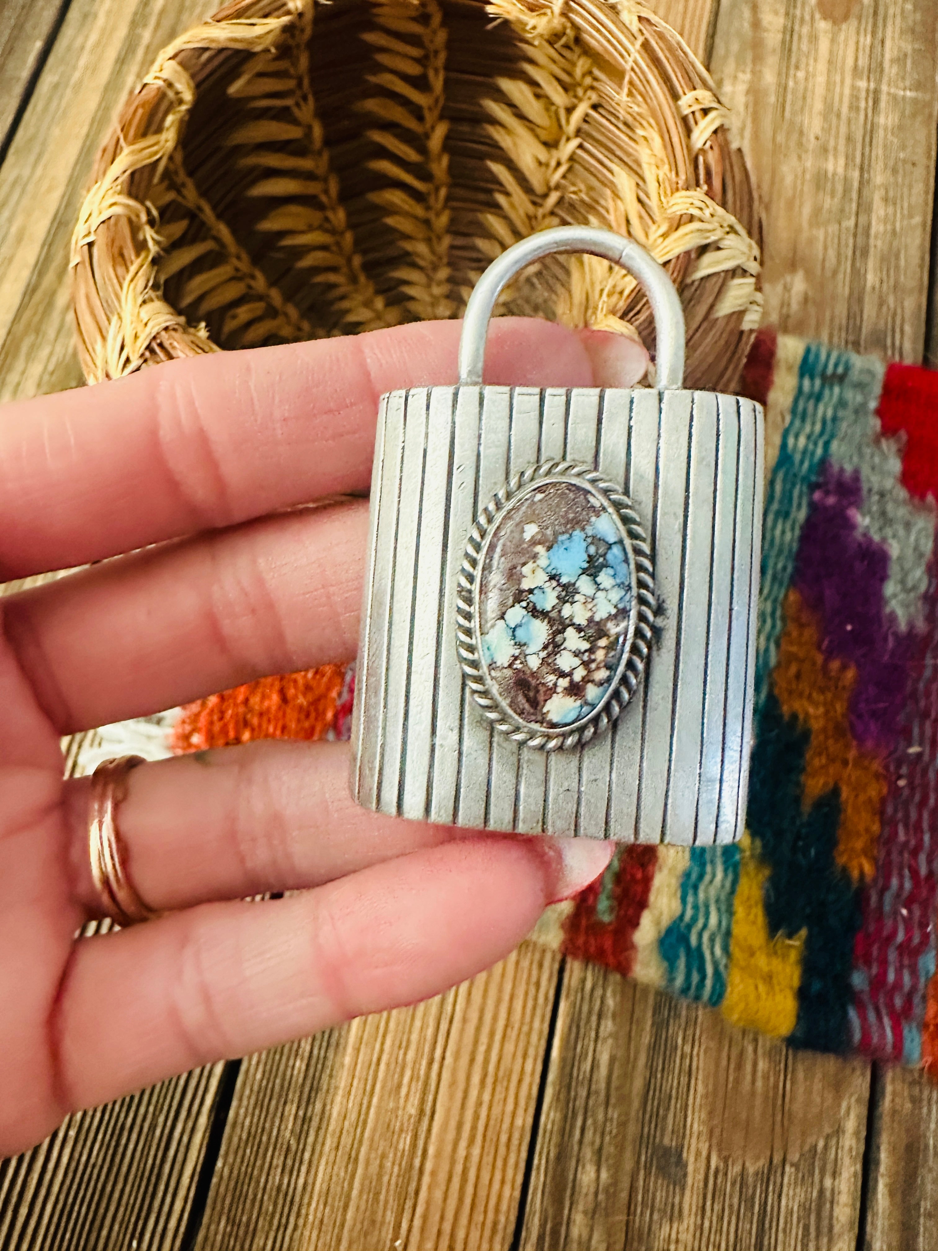 Handcrafted Turquoise & Sterling Silver Locket Style Pendant by Charles Johnson