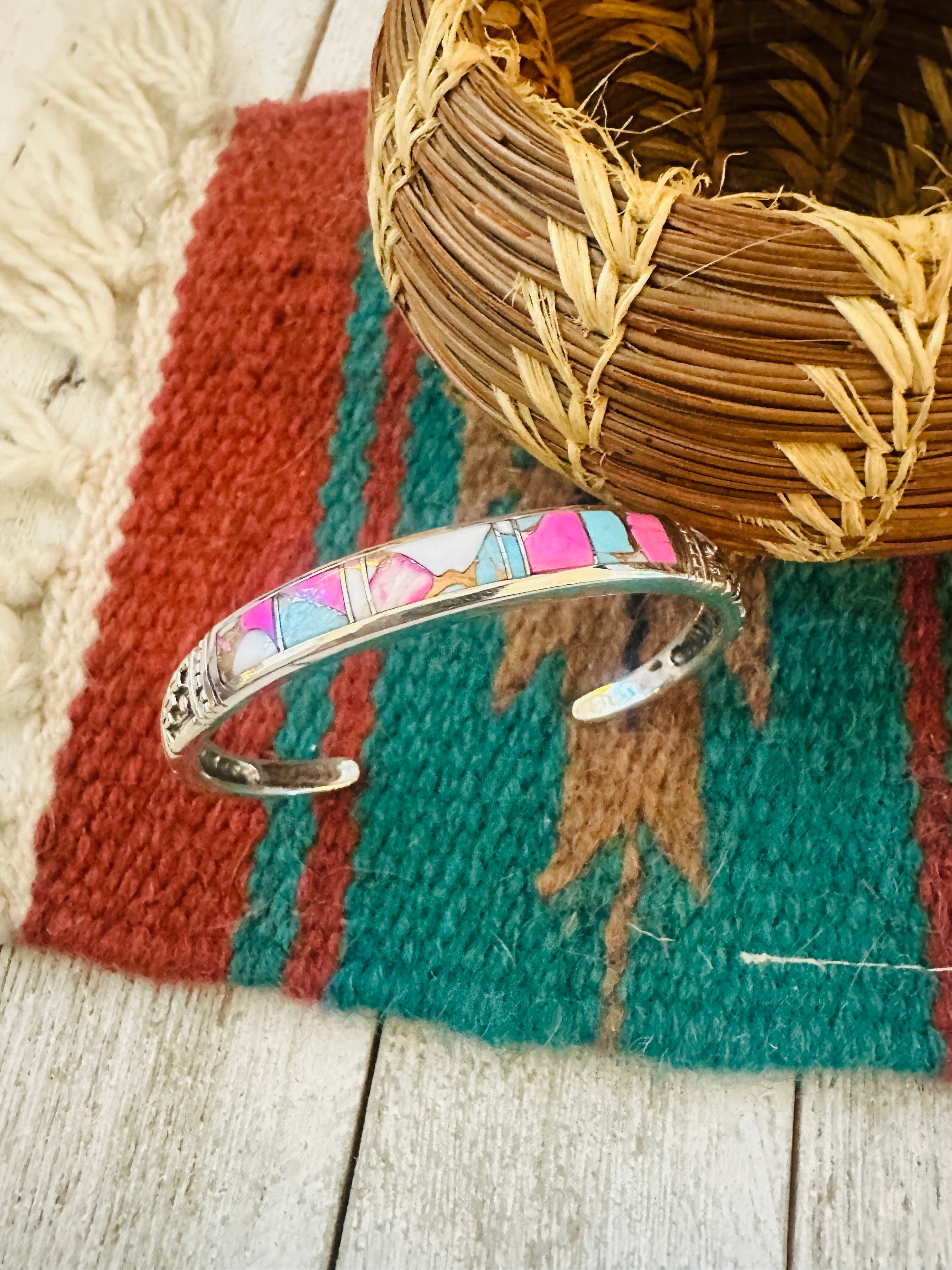 Handcrafted Cotton Candy & Sterling Silver Inlay Cuff Bracelet