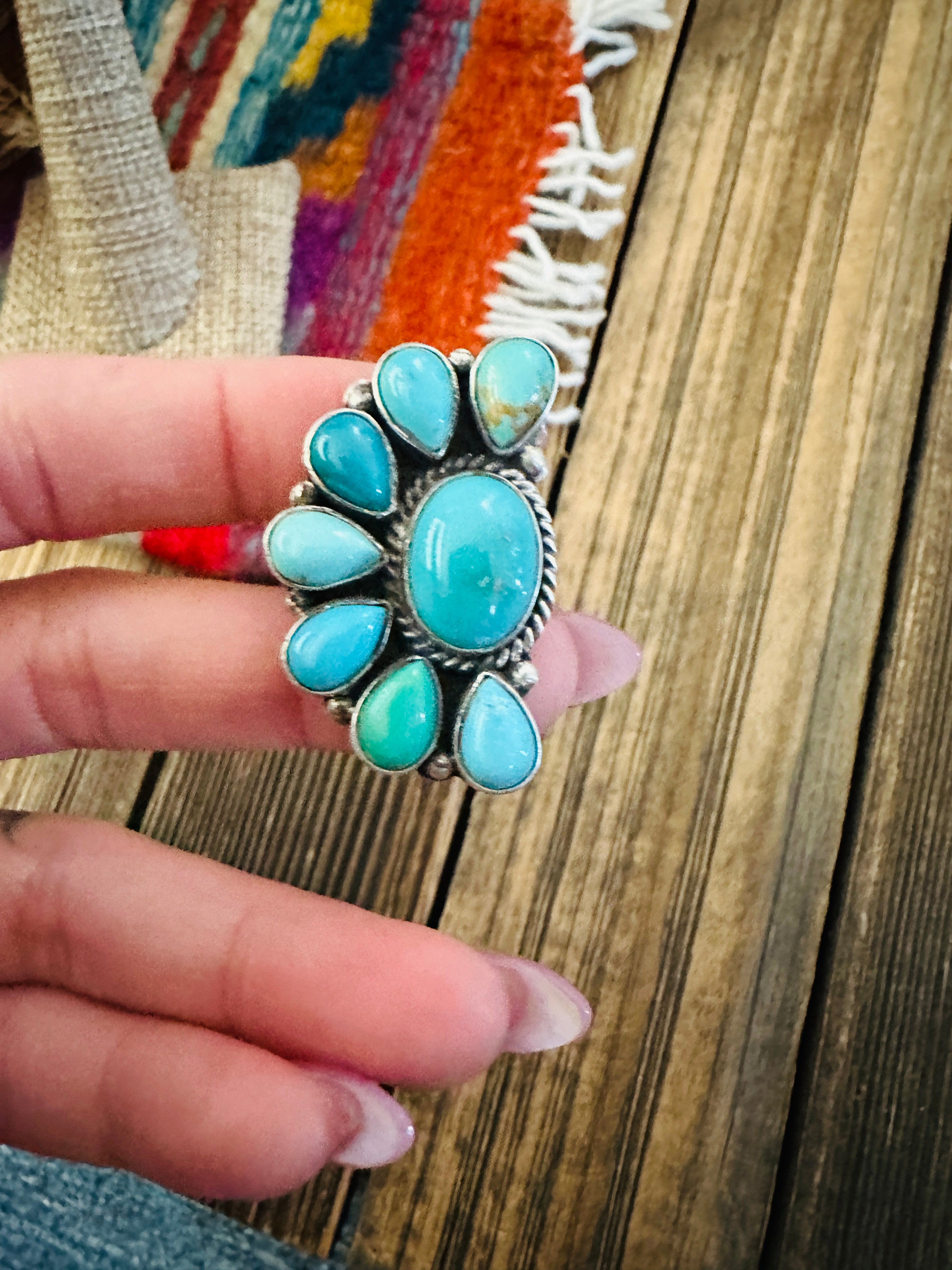 Handcrafted Turquoise & Sterling Silver Adjustable Cluster Ring by Elouise Richards