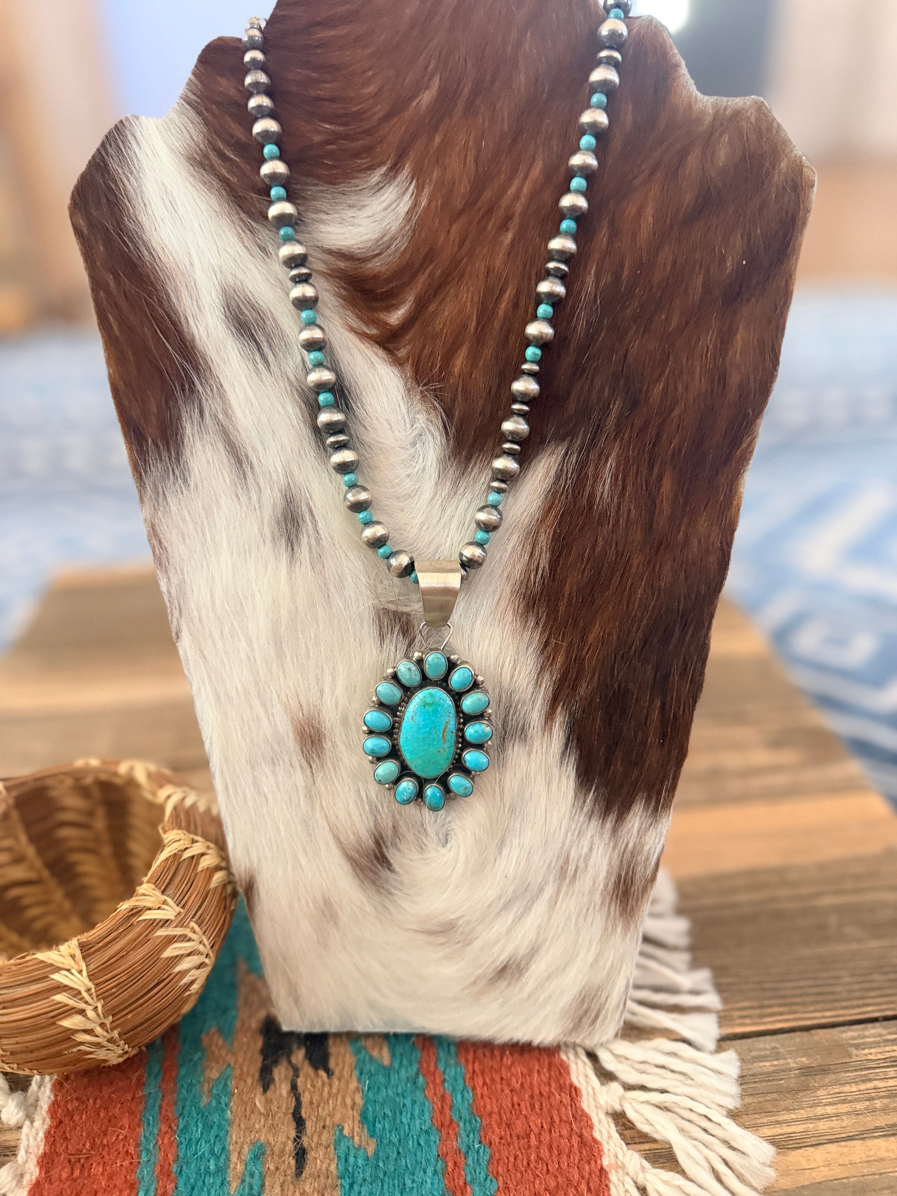 Handcrafted Turquoise & Sterling Silver Cluster Beaded Necklace by Sheila Becenti