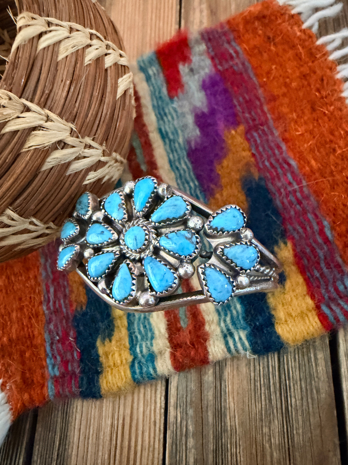 Handcrafted Old Pawn Sterling Silver & Turquoise Cluster Cuff Bracelet