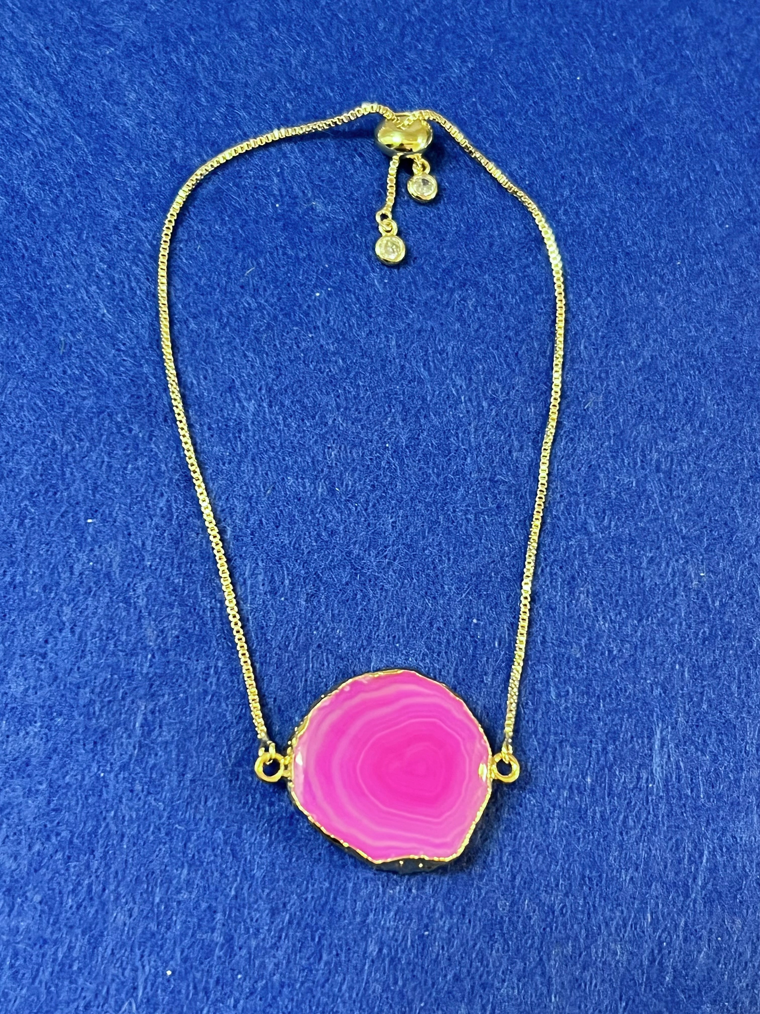 Handmade 14k Gold Druzy Plated Brass & Hot Pink Geode Adjustable Bracelet