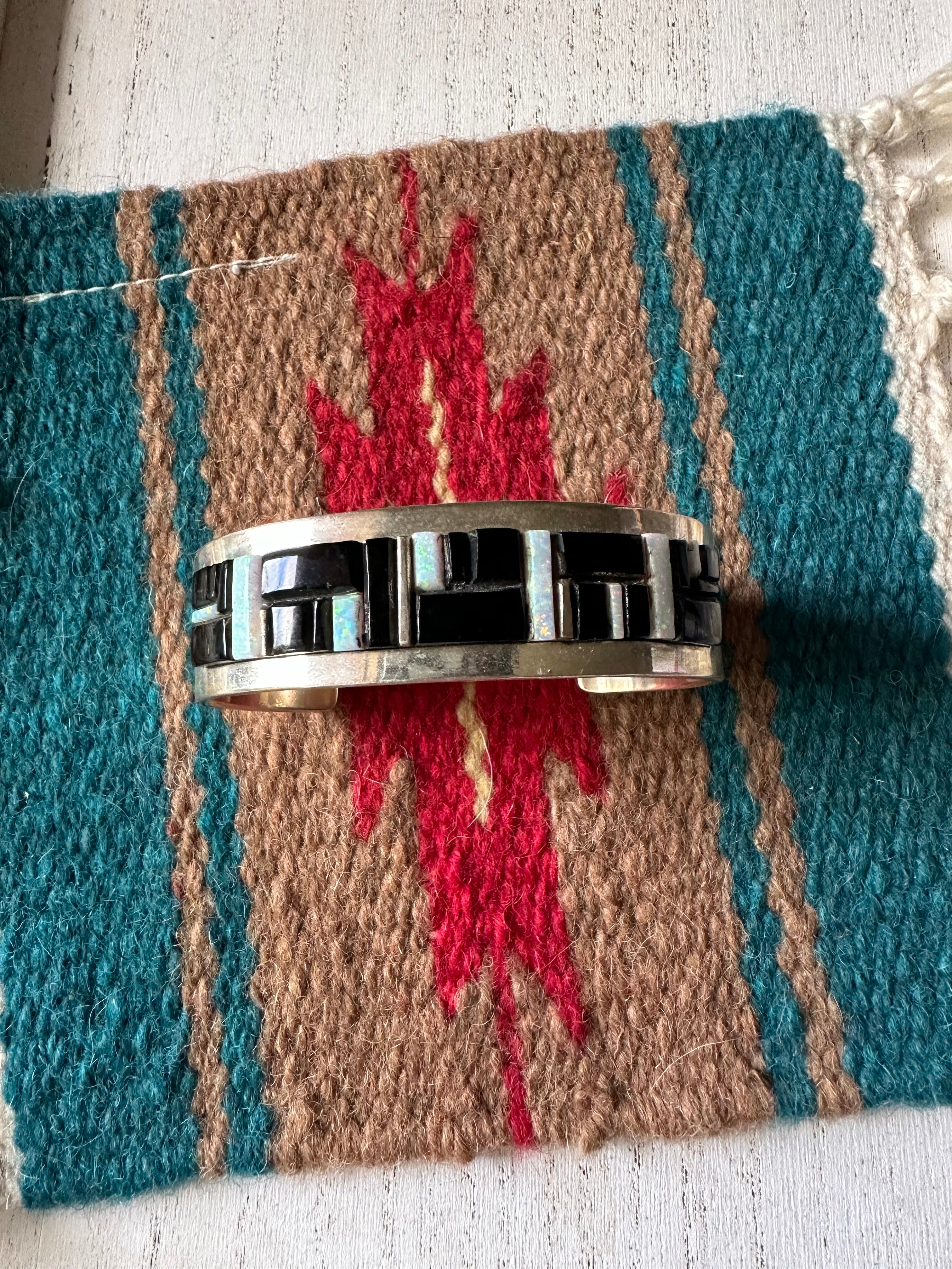 Fire Opal, Onyx & Sterling Silver Inlay Cuff Bracelet Signed Patricia Ed Becenti /