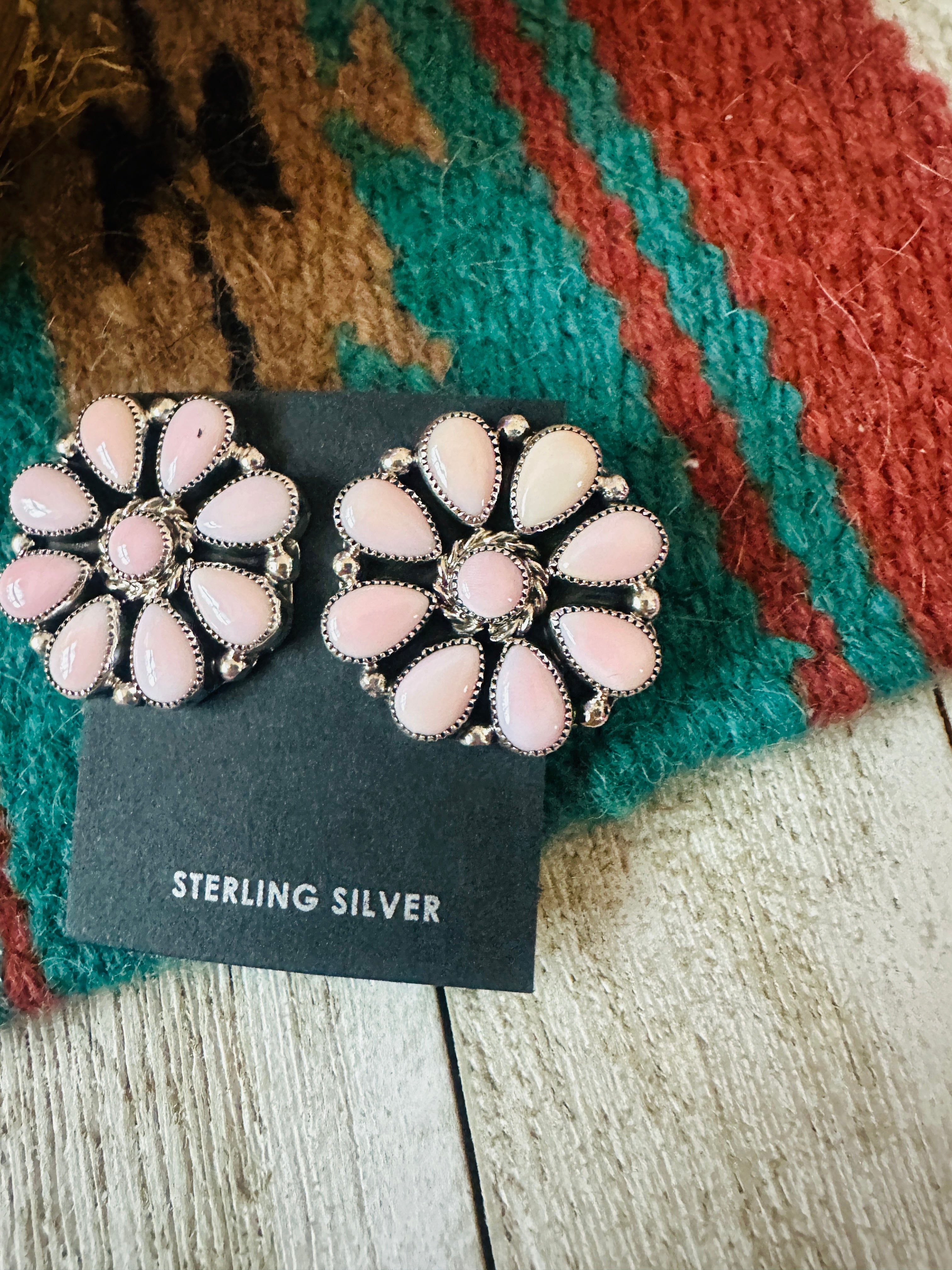 Handcrafted Queen Pink Conch & Sterling Silver Cluster Post Earrings
