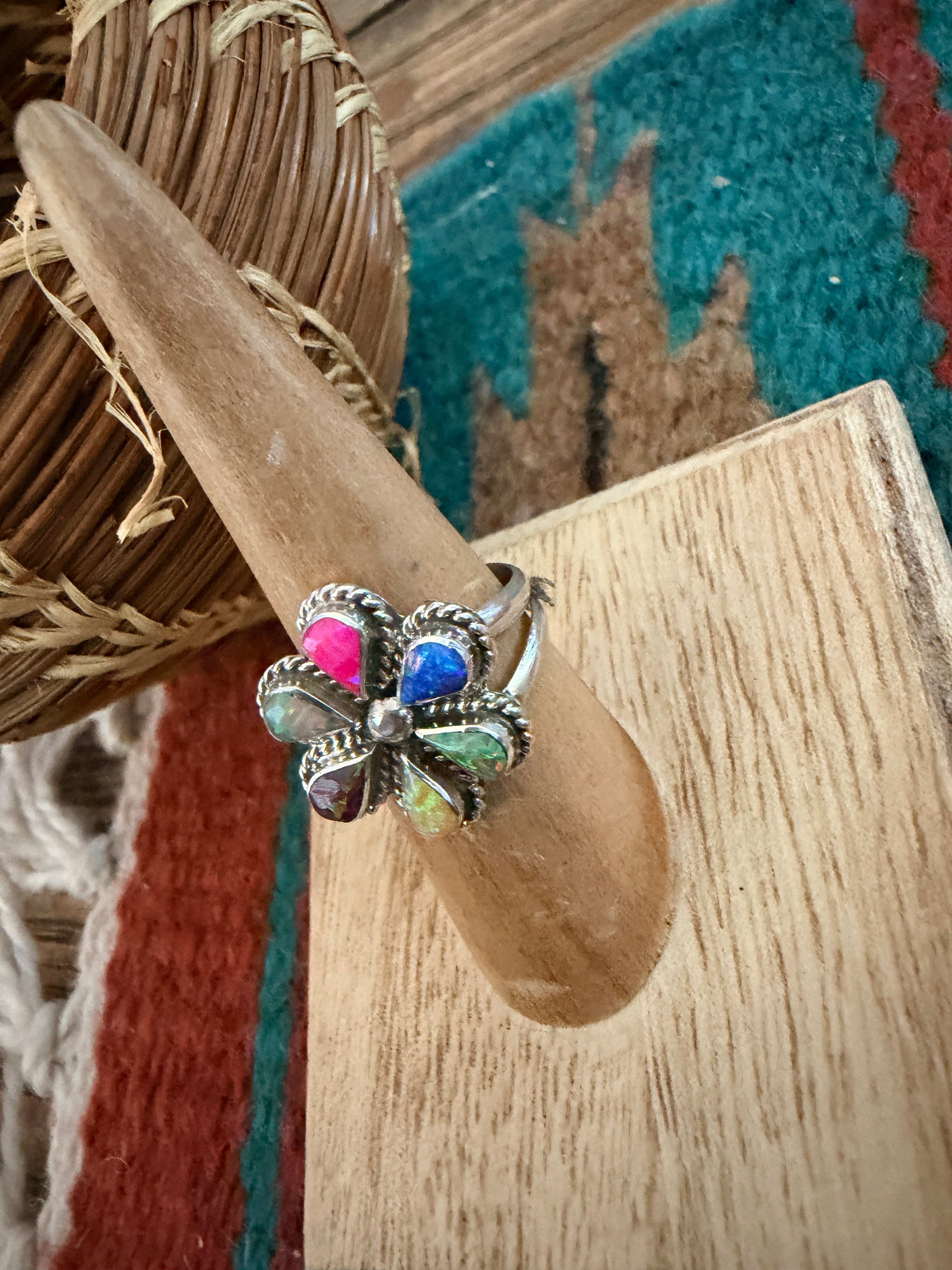 Handcrafted Multicolor Opal & Sterling Silver Ring Size 7.25