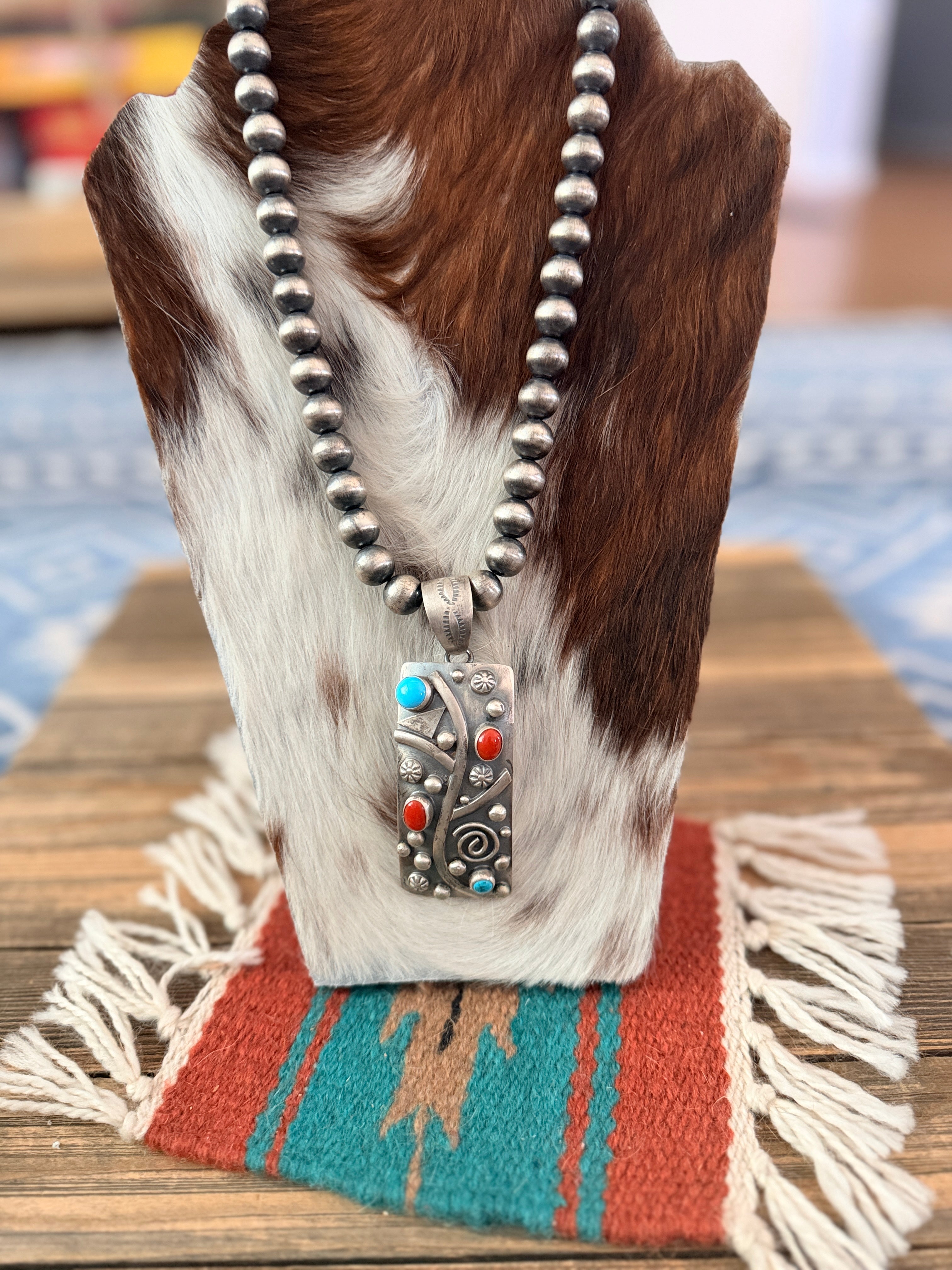 Handcrafted Turquoise, Coral & Sterling Silver Beaded Necklace by Debra Smith