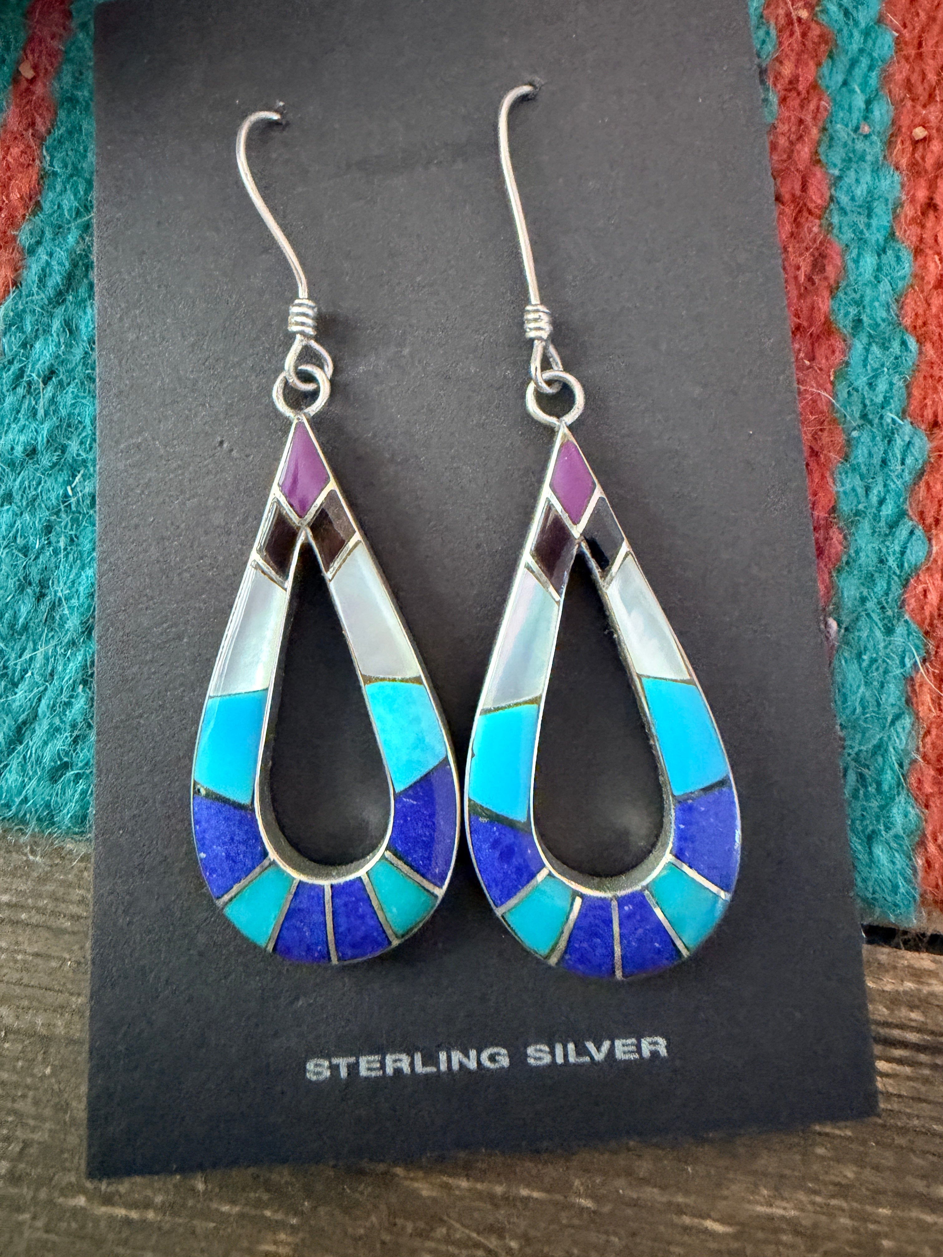 Old Pawn Handcrafted Sterling Silver & Multi Stone Inlay Dangle Earrings